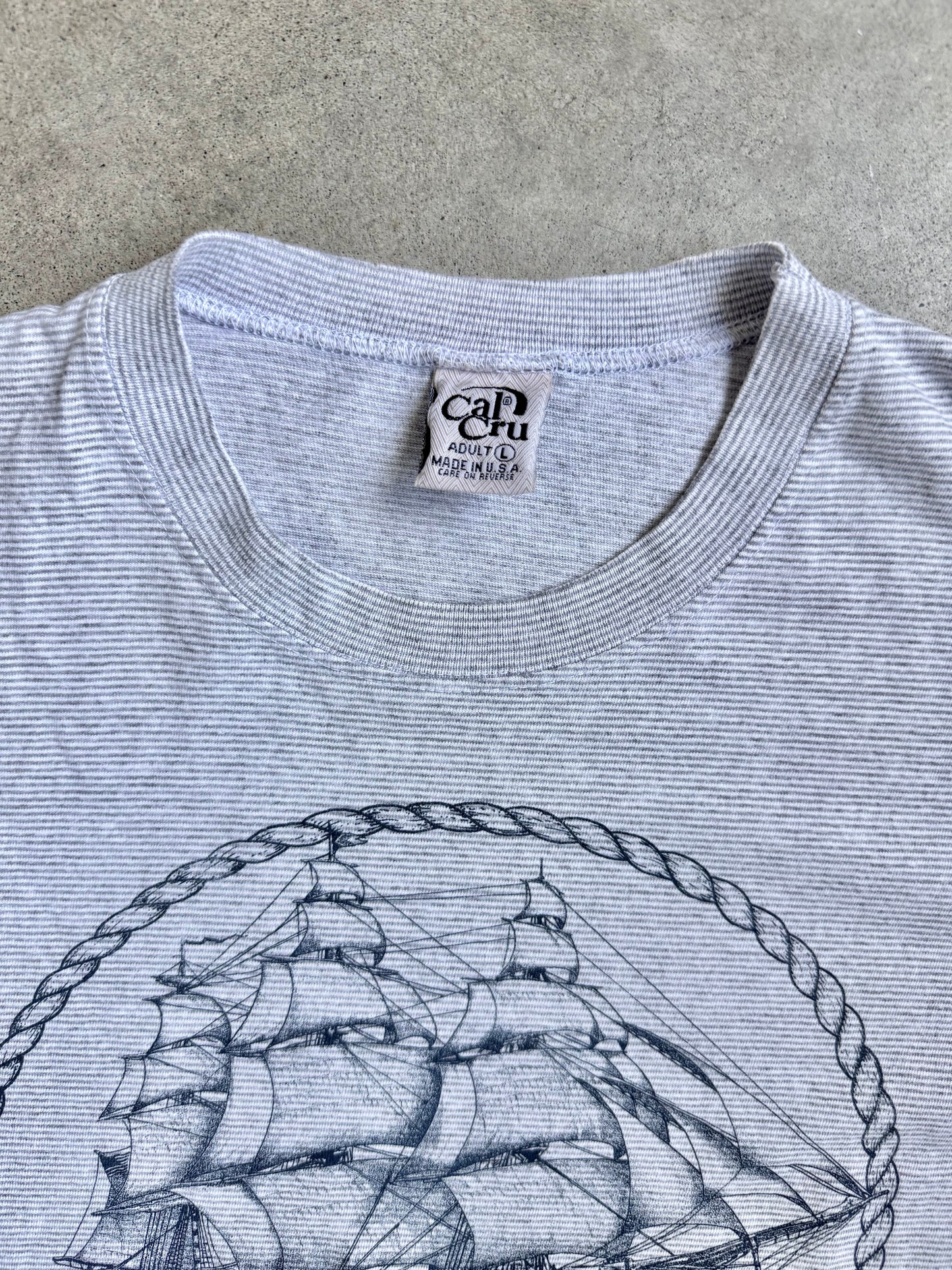 Vintage 1990 Cal Cru Striped Charleston Sailing Tee | Large