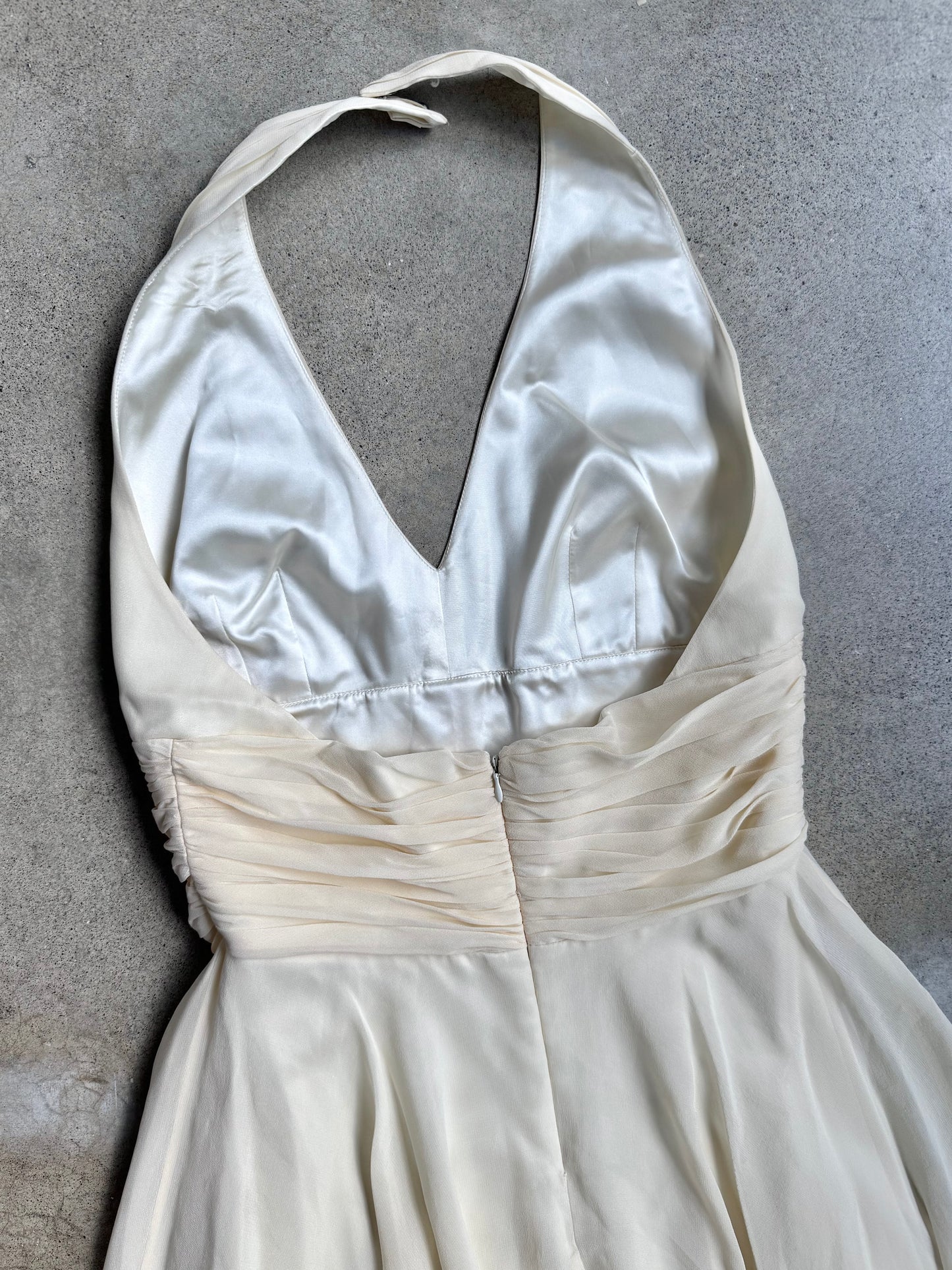 Vintage 2000s Issue Cream Silk Chiffon Halter Dress | Small
