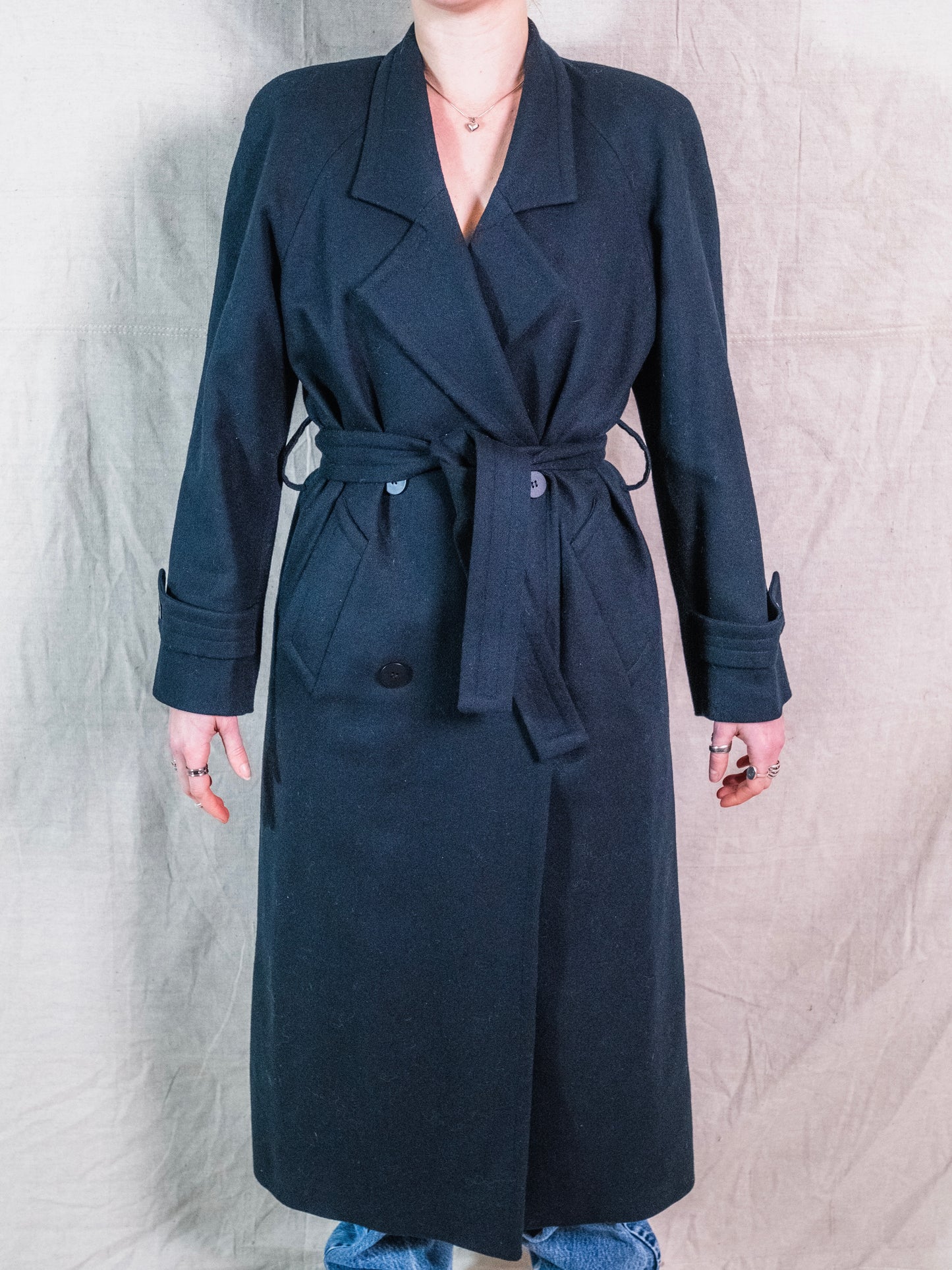 Vintage 1990s Casual Corner Black 100% Wool Belted Trench Coat | XS