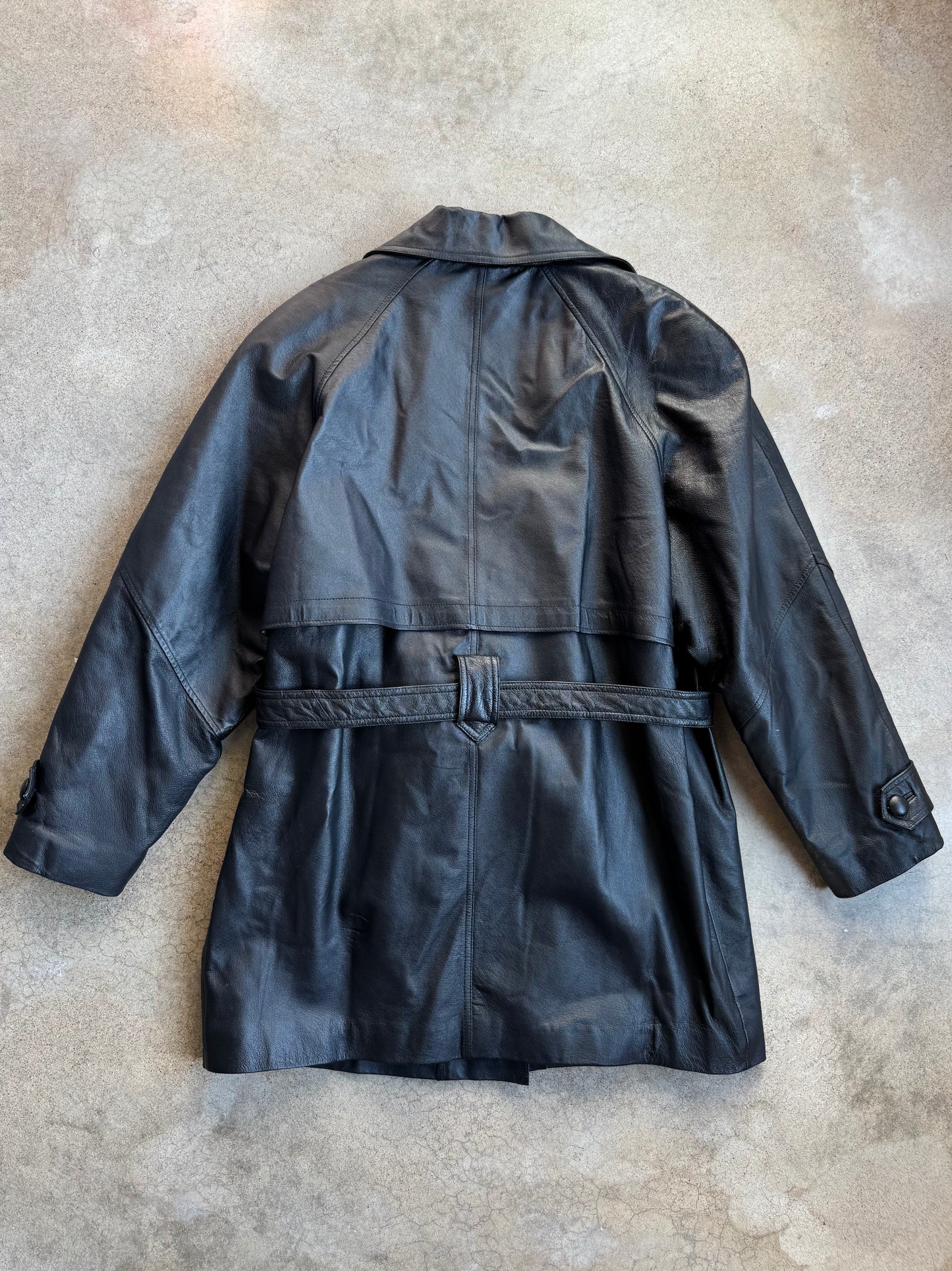 Vintage 1980s Middlebrook Park Black Leather Belted Coat | Large