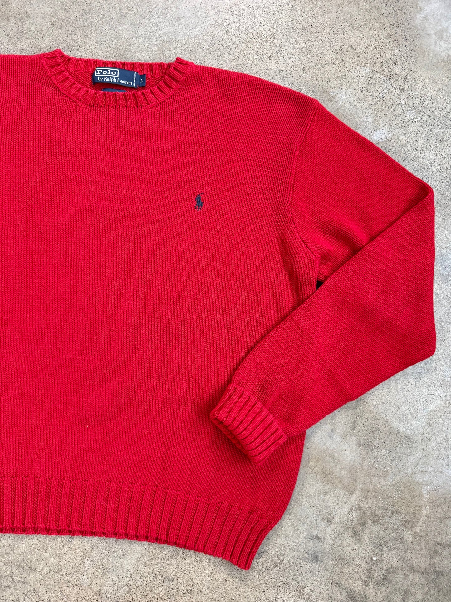 Vintage 1990s Polo Ralph Lauren Red Cotton Crewneck Sweater | Large