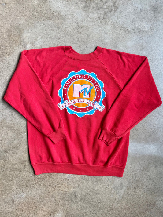 Vintage 1980s MTV Graphic Red Raglan Sweatshirt | XL