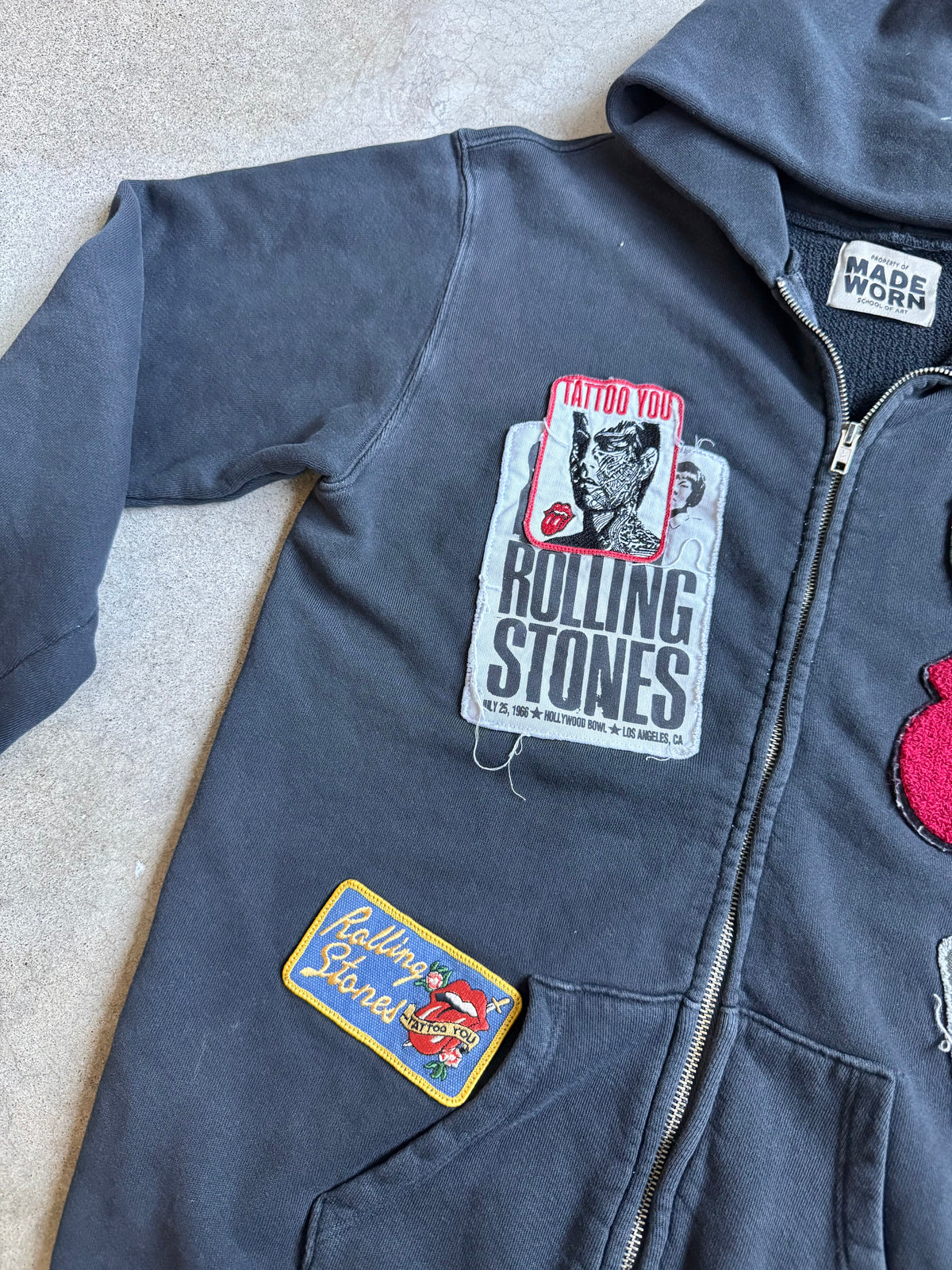 Made Worn Rolling Stones Patched Black Cotton Zip-Up Hoodie | Medium