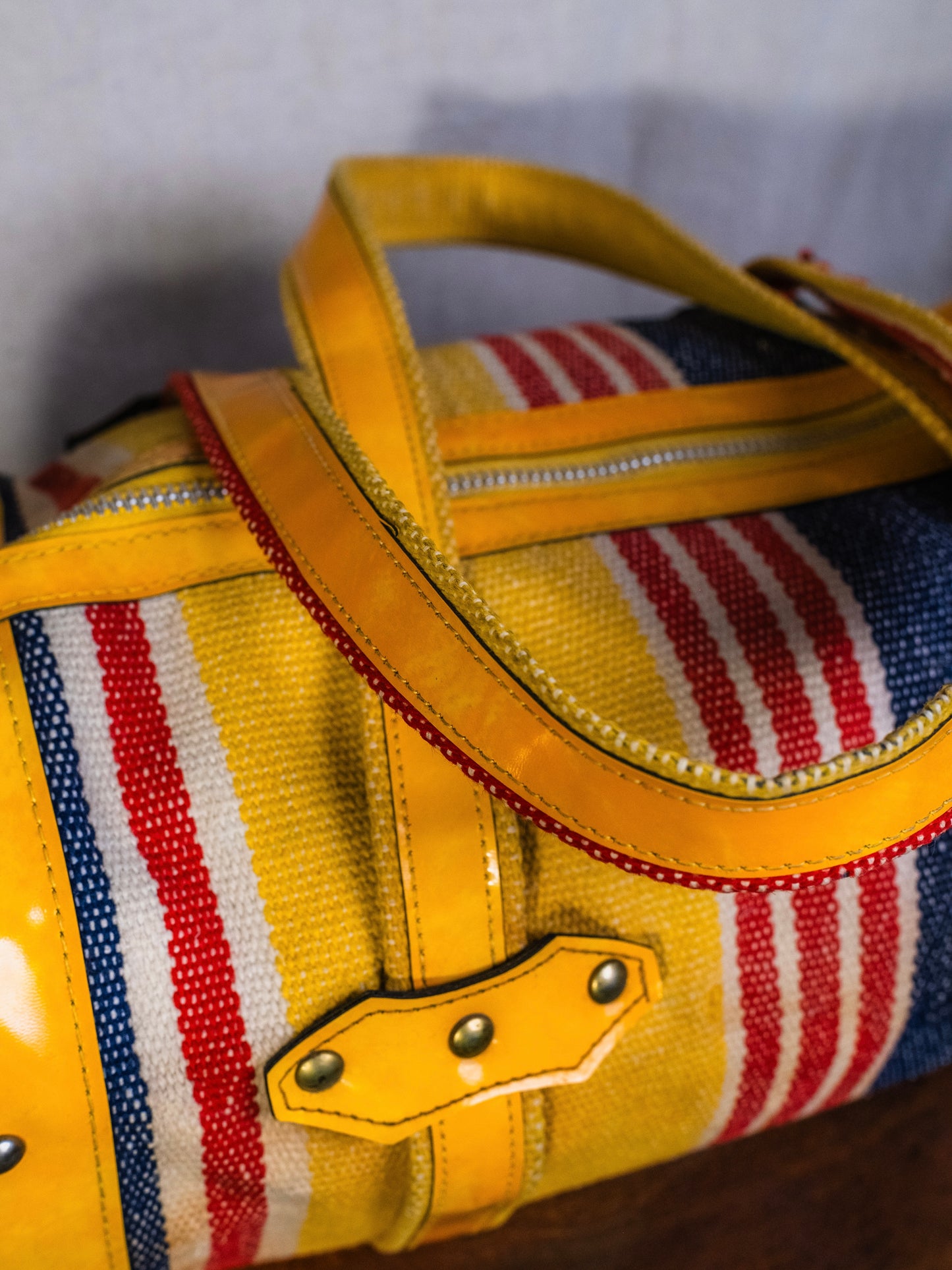 Vintage 1960s/70s Yellow & Red Striped Woven Duffel Bag