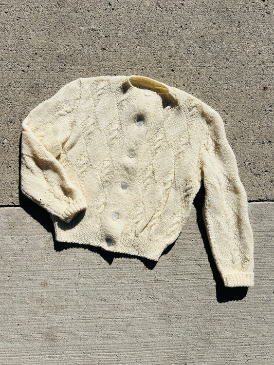 Vintage Cream Buttoned Cable-Knit Cropped Cardigan | Large