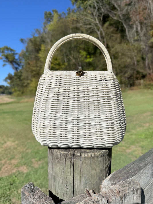 Vintage 1950s White Wicker Handbag
