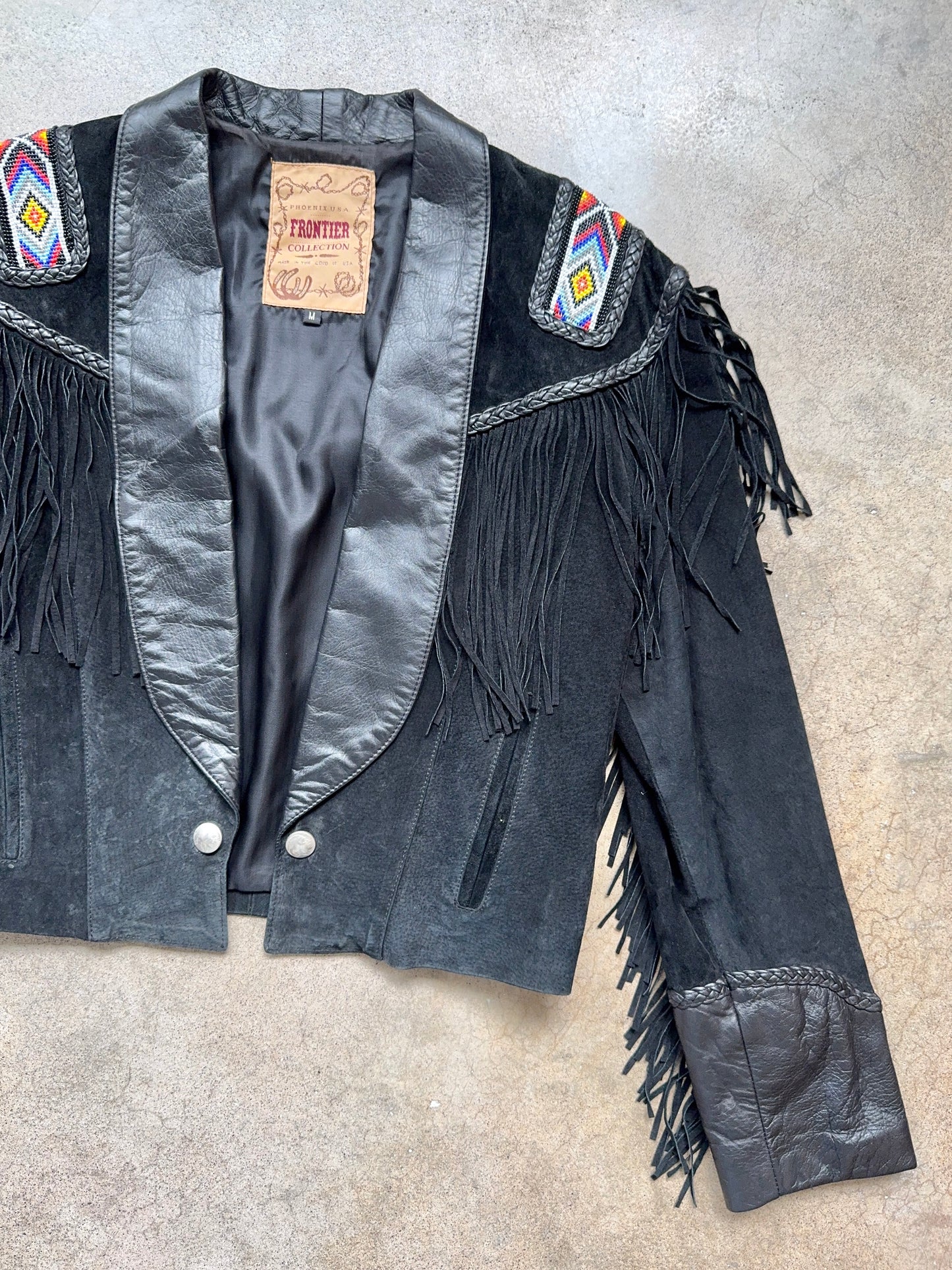 Vintage 1980s Frontier Collection Black Suede Leather Beaded Fringe Western Jacket | Medium