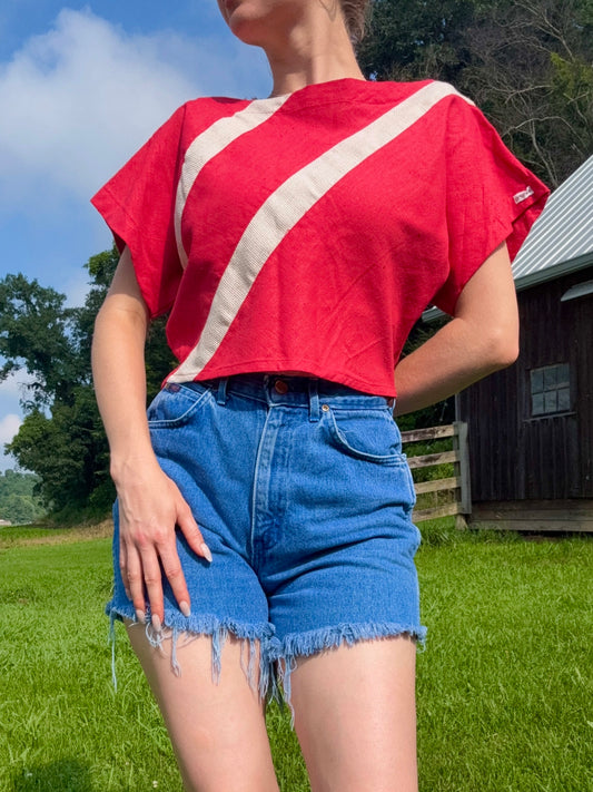 Vintage 1980s Sasson Red & Cream Cropped Linen Blouse | Large