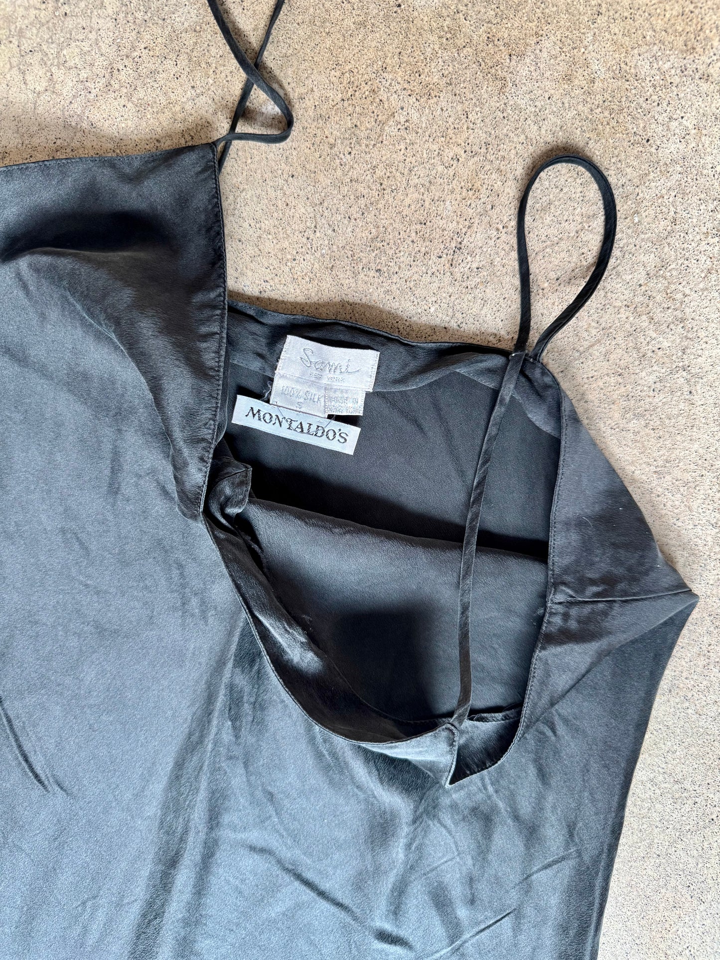 Vintage 1980s Sami New York for Montaldo’s 100% Silk Black Slip Dress | Small