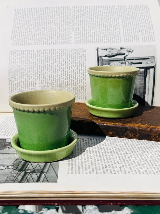 Vintage 1980s Ceramic Green Mini Planters | Set of 2