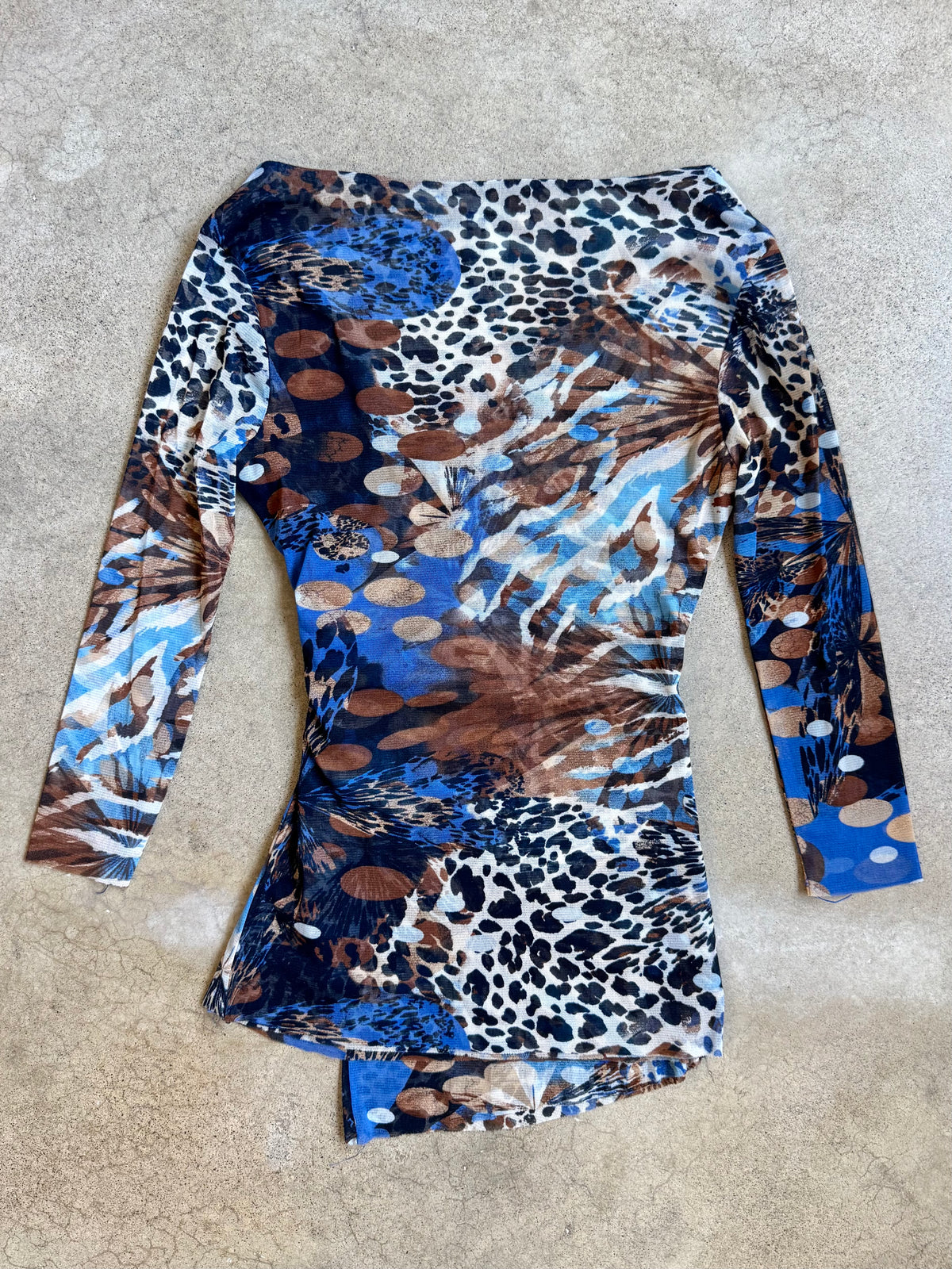 2000s Caché Blue Multi-Pattern Mesh Wrap Top | Medium
