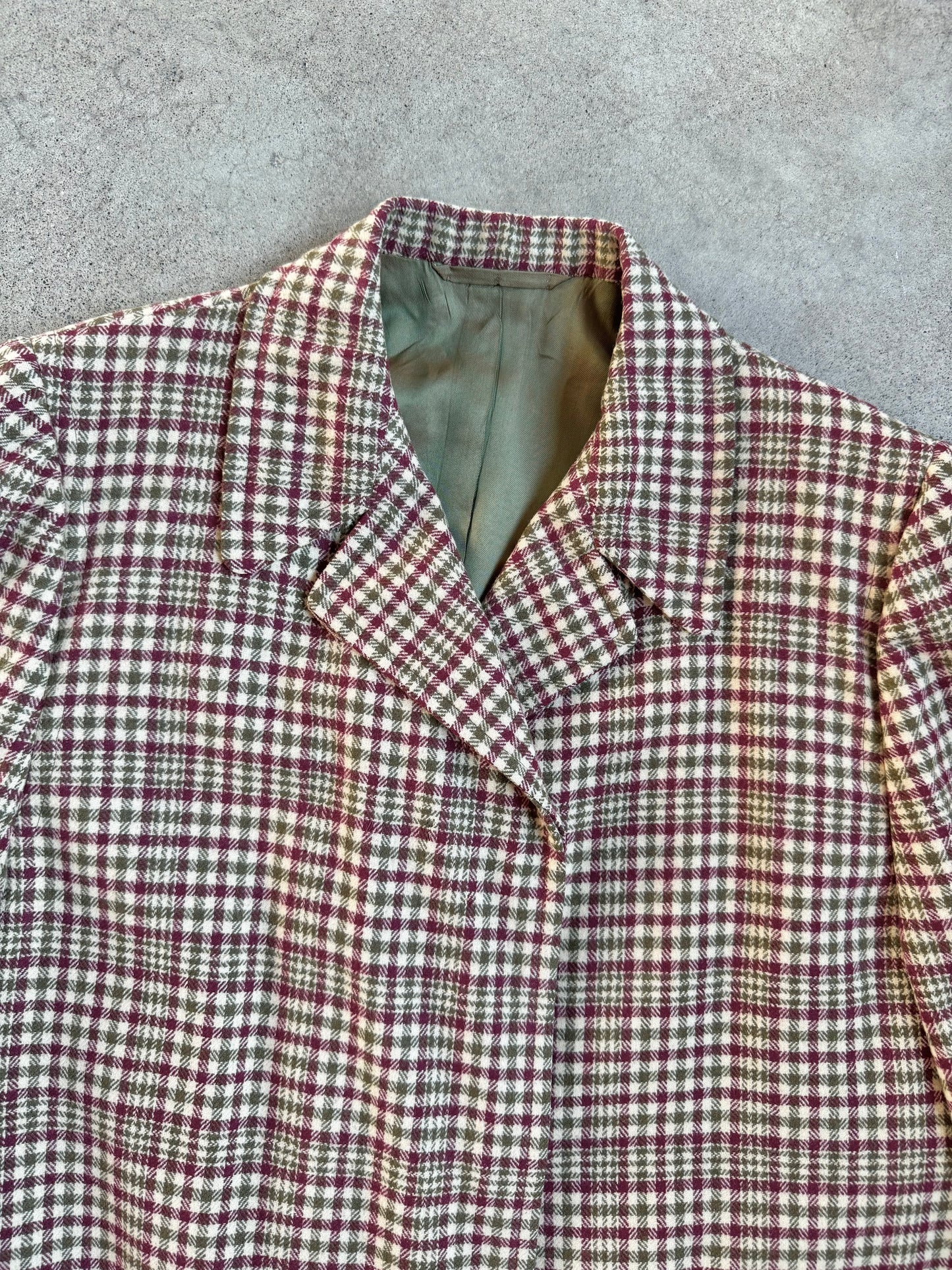 Vintage 1950s Chester Barrie Burgundy & Green Plaid Short Wool Overcoat | L/XL