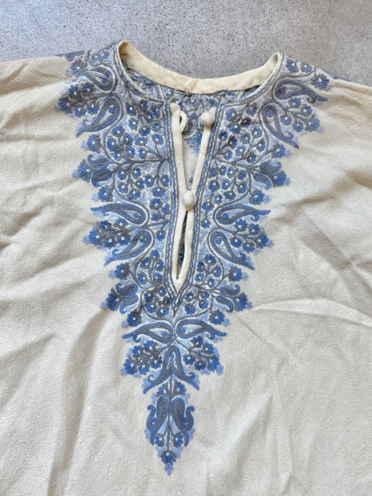 Vintage Cream & Blue Kashmiri Embroidered Wool Fringe Poncho | One Size