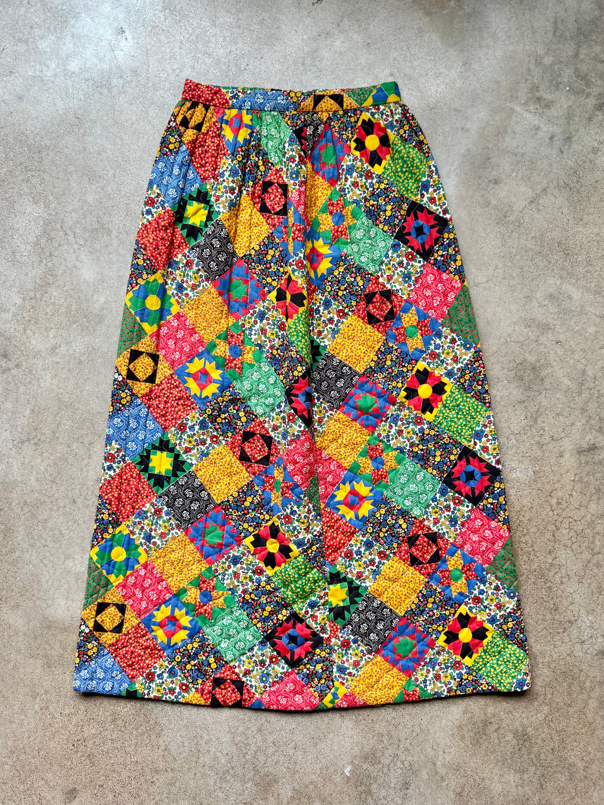 Vintage 1960s Handmade Patchwork Quilted Maxi Skirt | Waist 28”