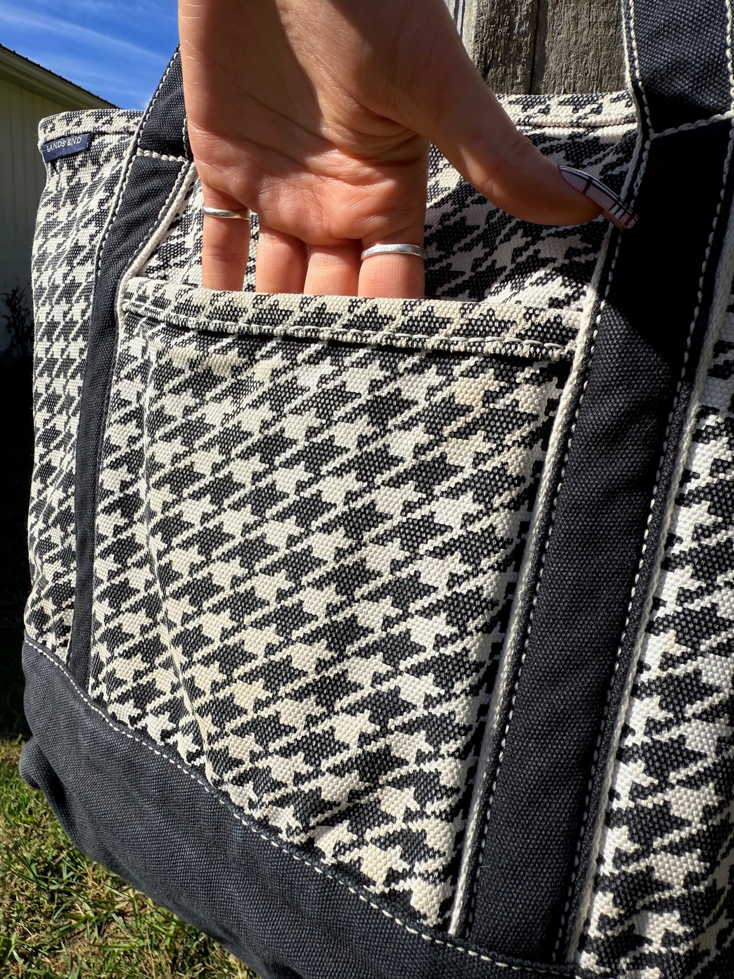 Lands' End Black & White Houndstooth Canvas Tote Bag