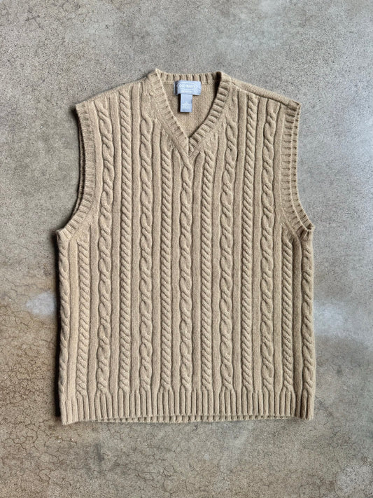 Y2K Old Navy Tan Cable-Knit Lambswool Sweater Vest | Medium