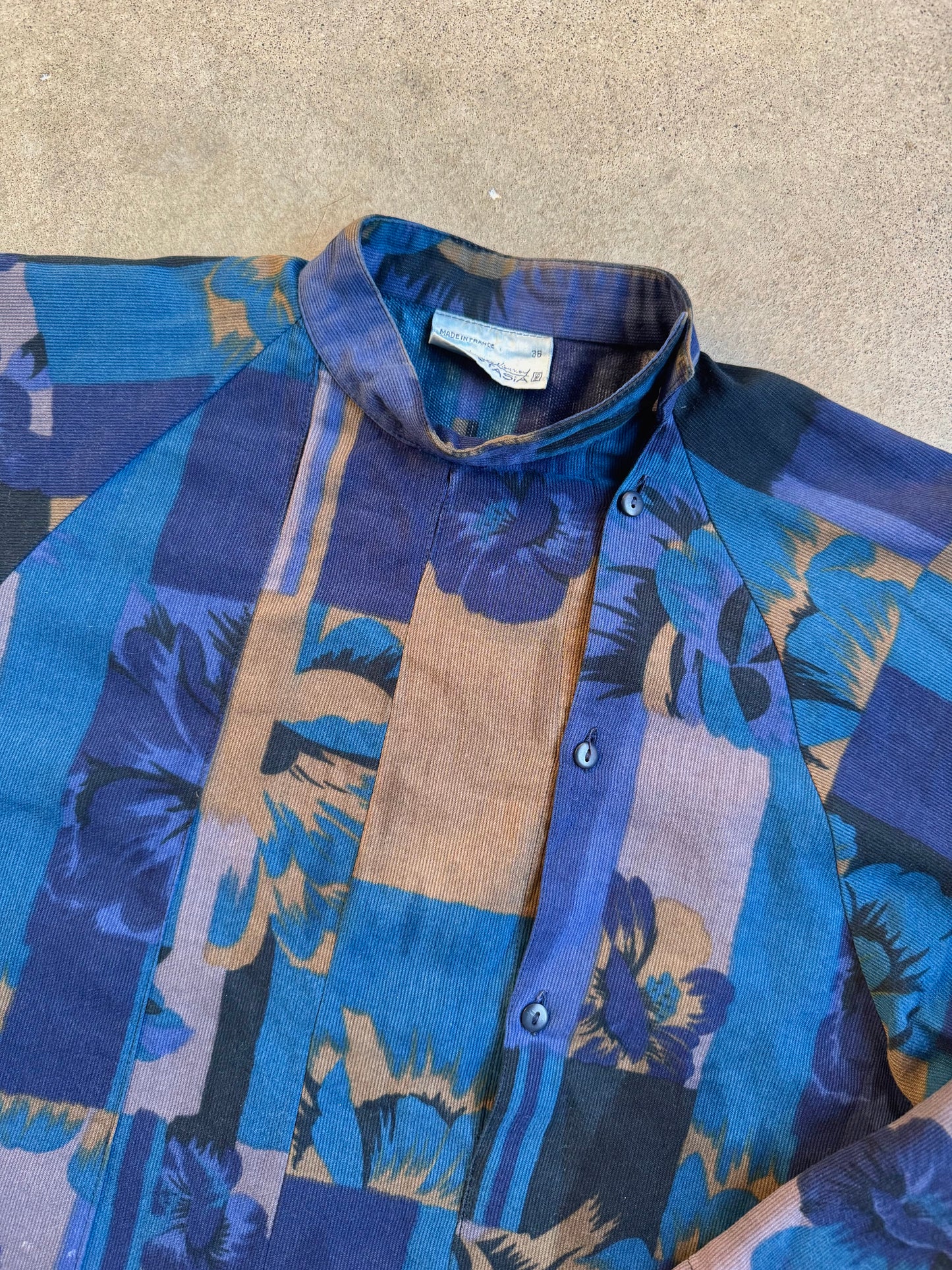 Vintage 1960s François Viannay Anastasia Blue Floral High-Neck Blouse | S/M