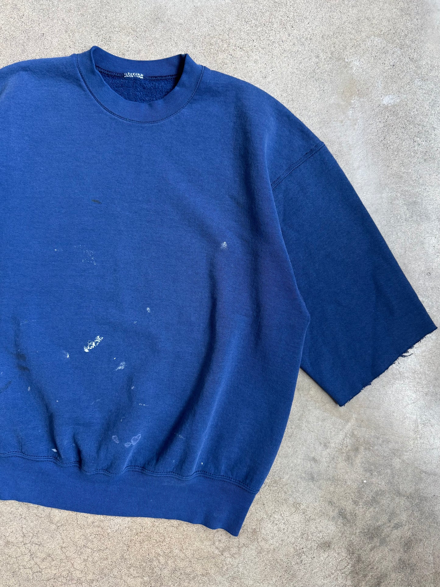 Vintage 1980s Navy Blue Paint Splattered Cut-Off Sleeve Crewneck Sweatshirt | XL