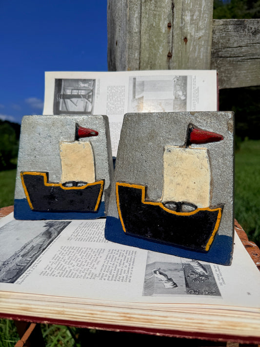 Vintage 1970s Stone Carved Sailboat Bookends | Set of 2