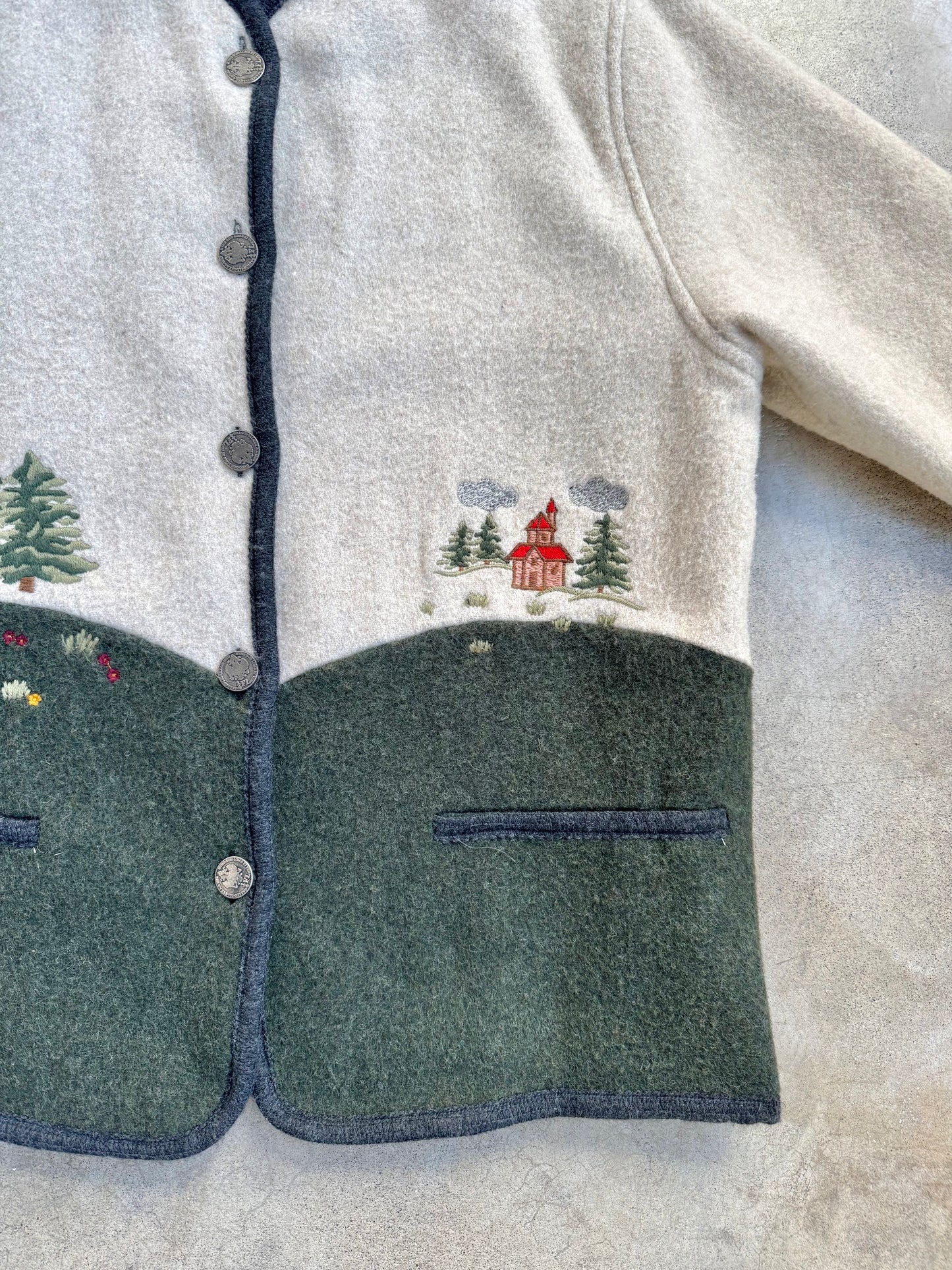 Vintage 1990s Quartiere Latino Austrian "Woodland Town" Embroidered Wool Jacket | Small