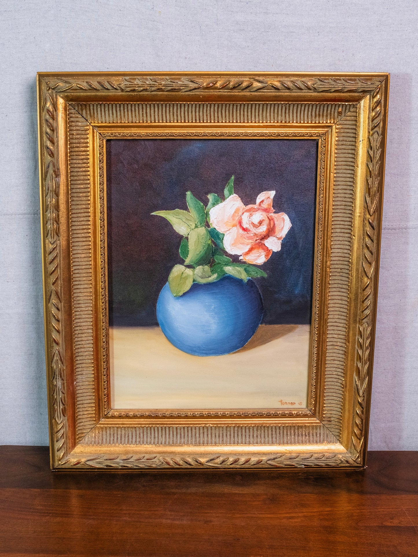 Vintage Gold Framed Rose Still Life Oil on Canvas Painting | Signed