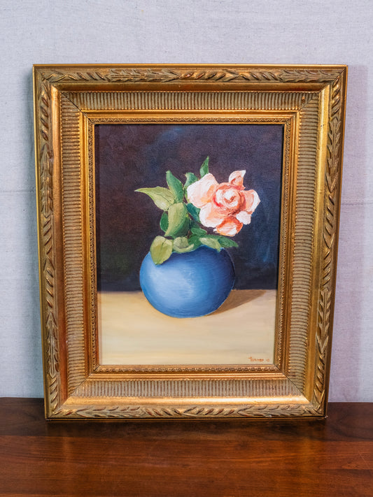 Vintage Gold Framed Rose Still Life Oil on Canvas Painting | Signed