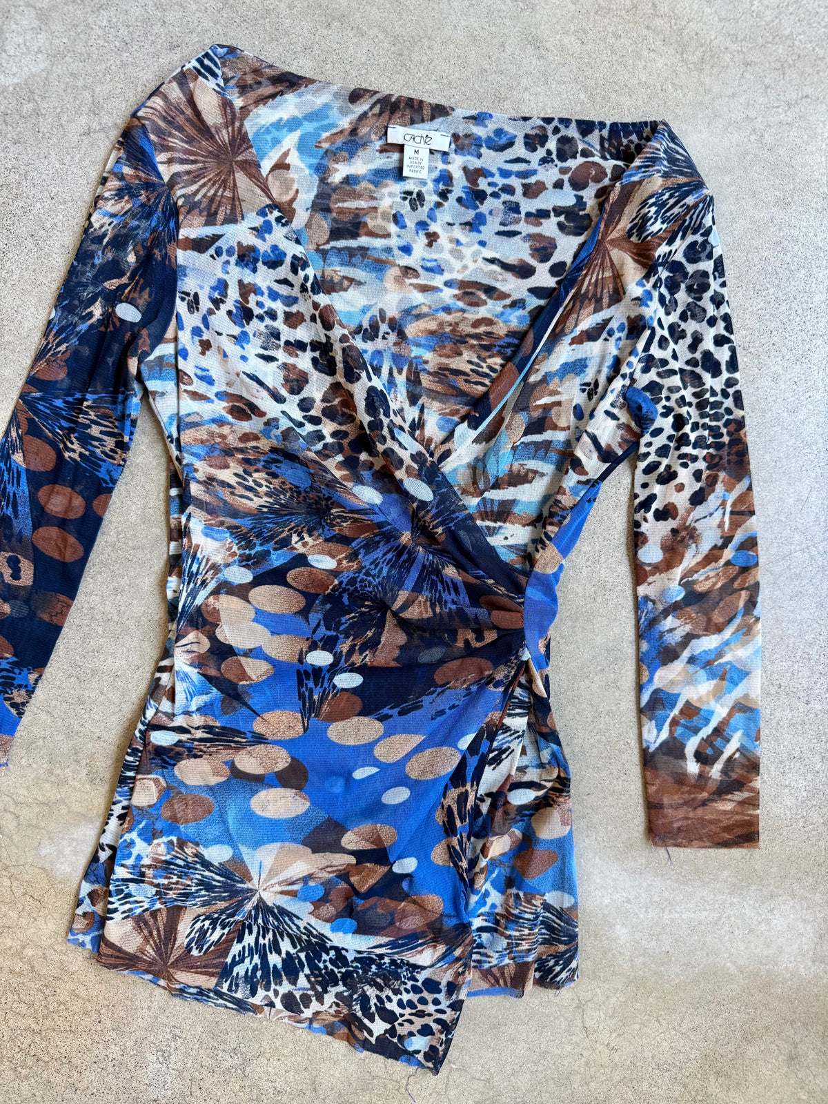 2000s Caché Blue Multi-Pattern Mesh Wrap Top | Medium