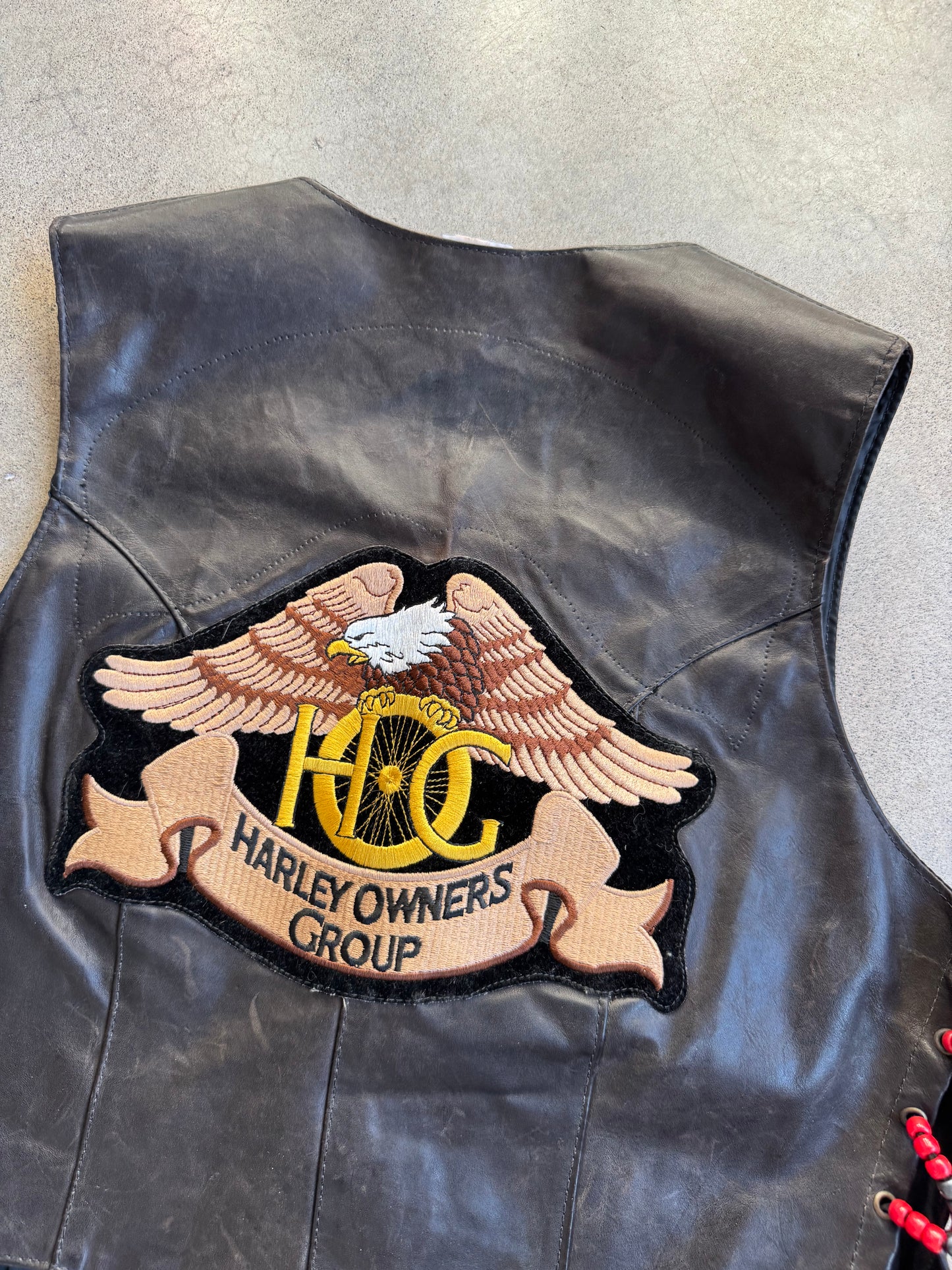 Vintage 1970s Black Leather Beaded Lace-Up Harley Patched Vest | XL