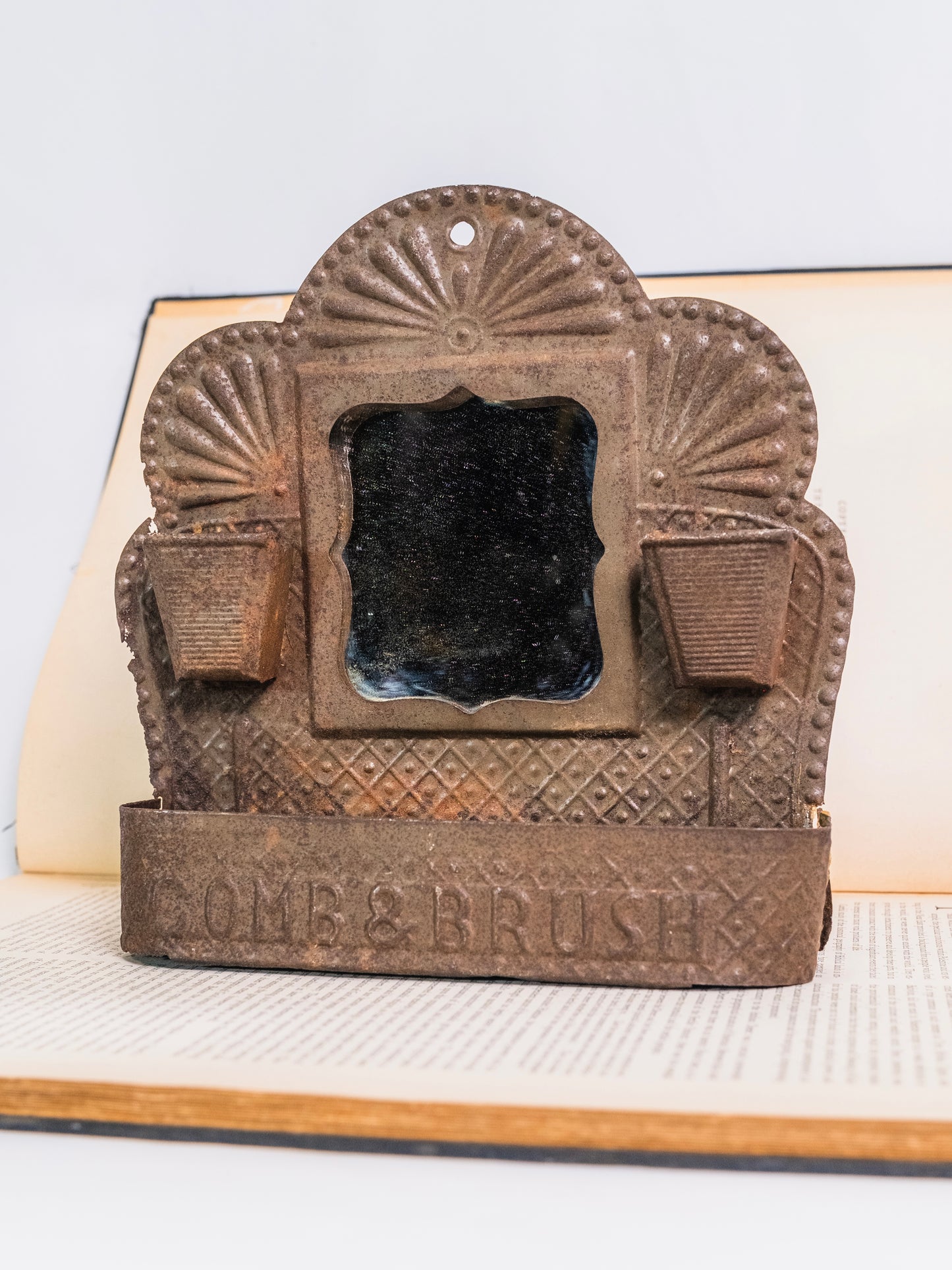 Antique 1800s Metal "Comb & Brush" Men’s Shaving Mirror