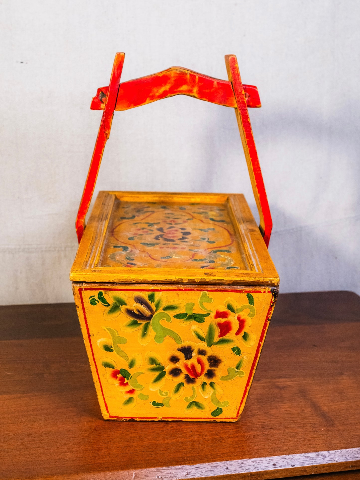 Antique Chinese Wood Red & Yellow Floral Painted Wedding Basket