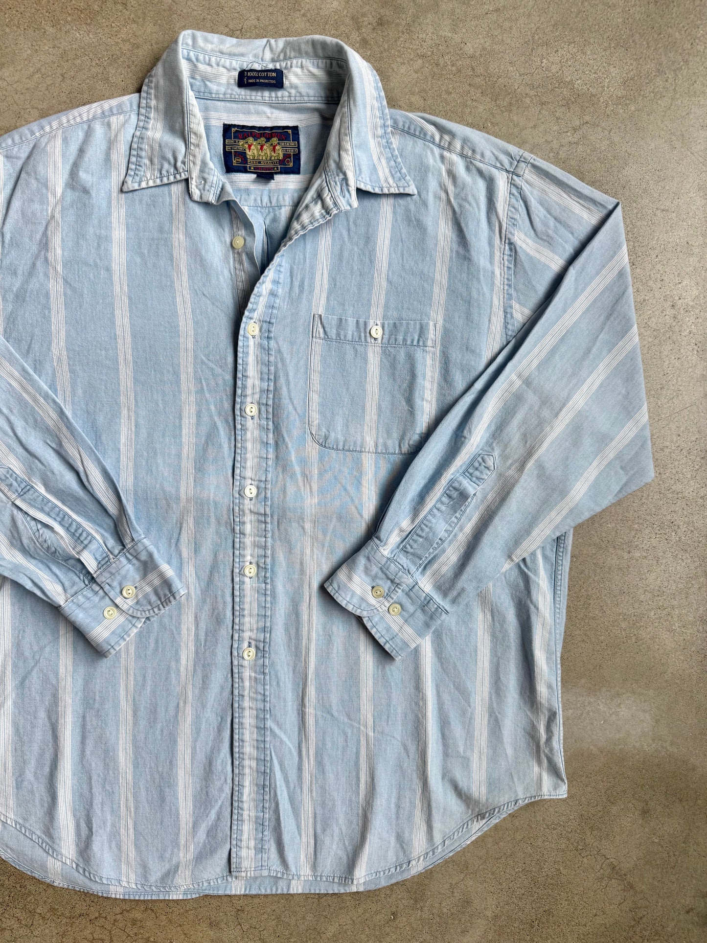 Vintage 1990s Chaps Ralph Lauren Blue Striped Cotton Shirt | XL