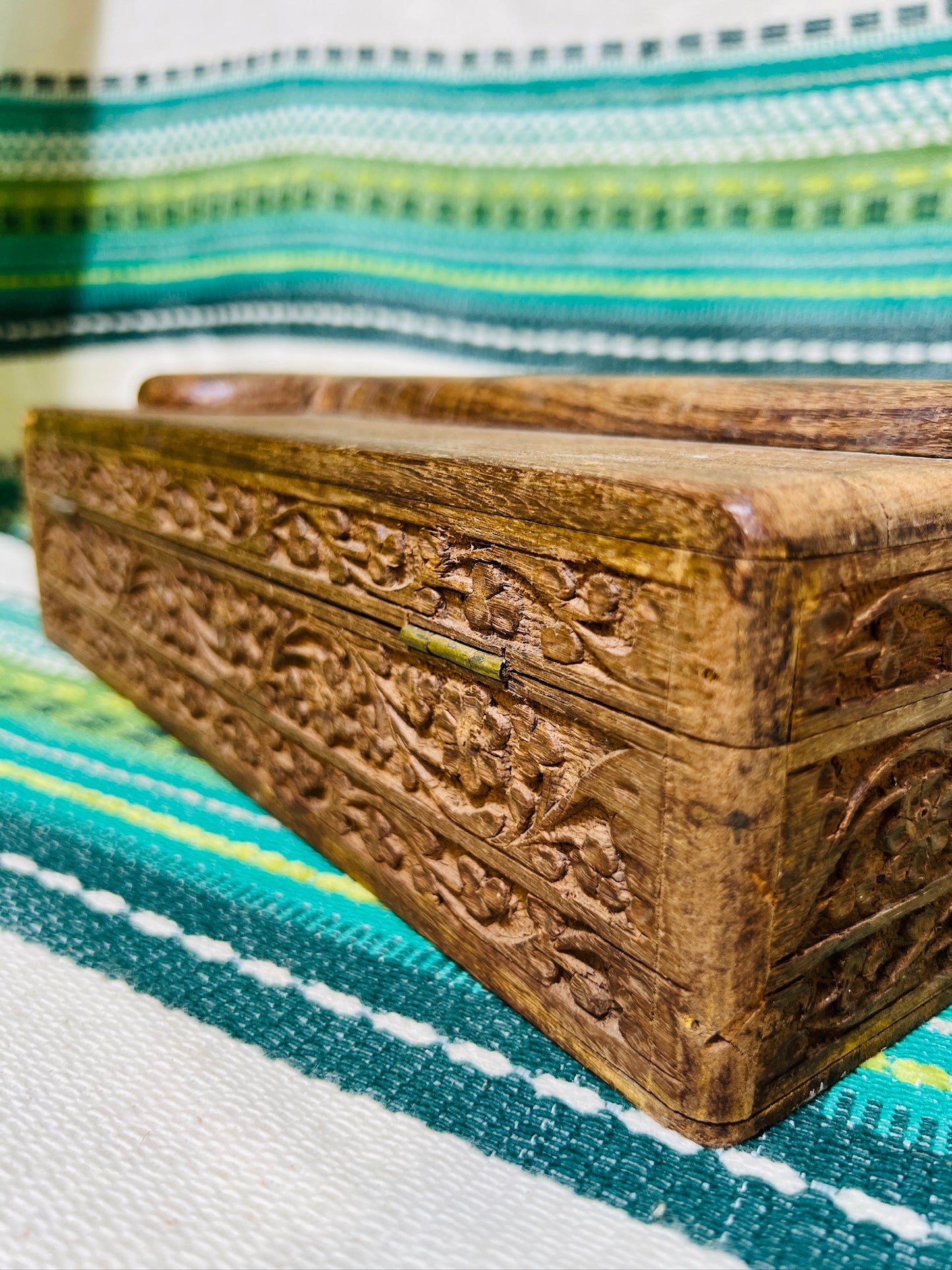 Vintage 1950s Carved Teak Wood Box