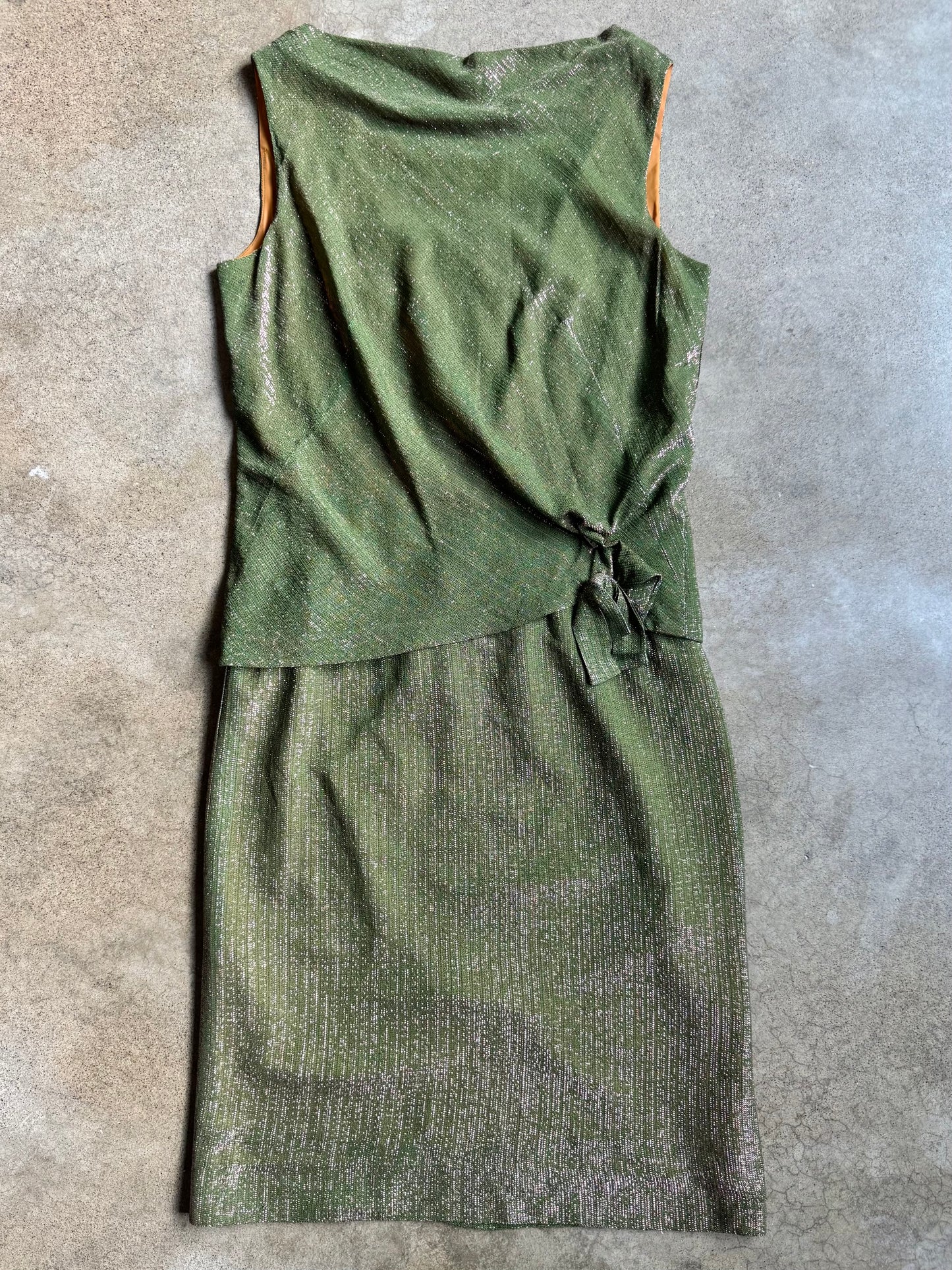 Vintage 1960s Young Eleganté Green & Pink Metallic Mod Cocktail Dress | M/L