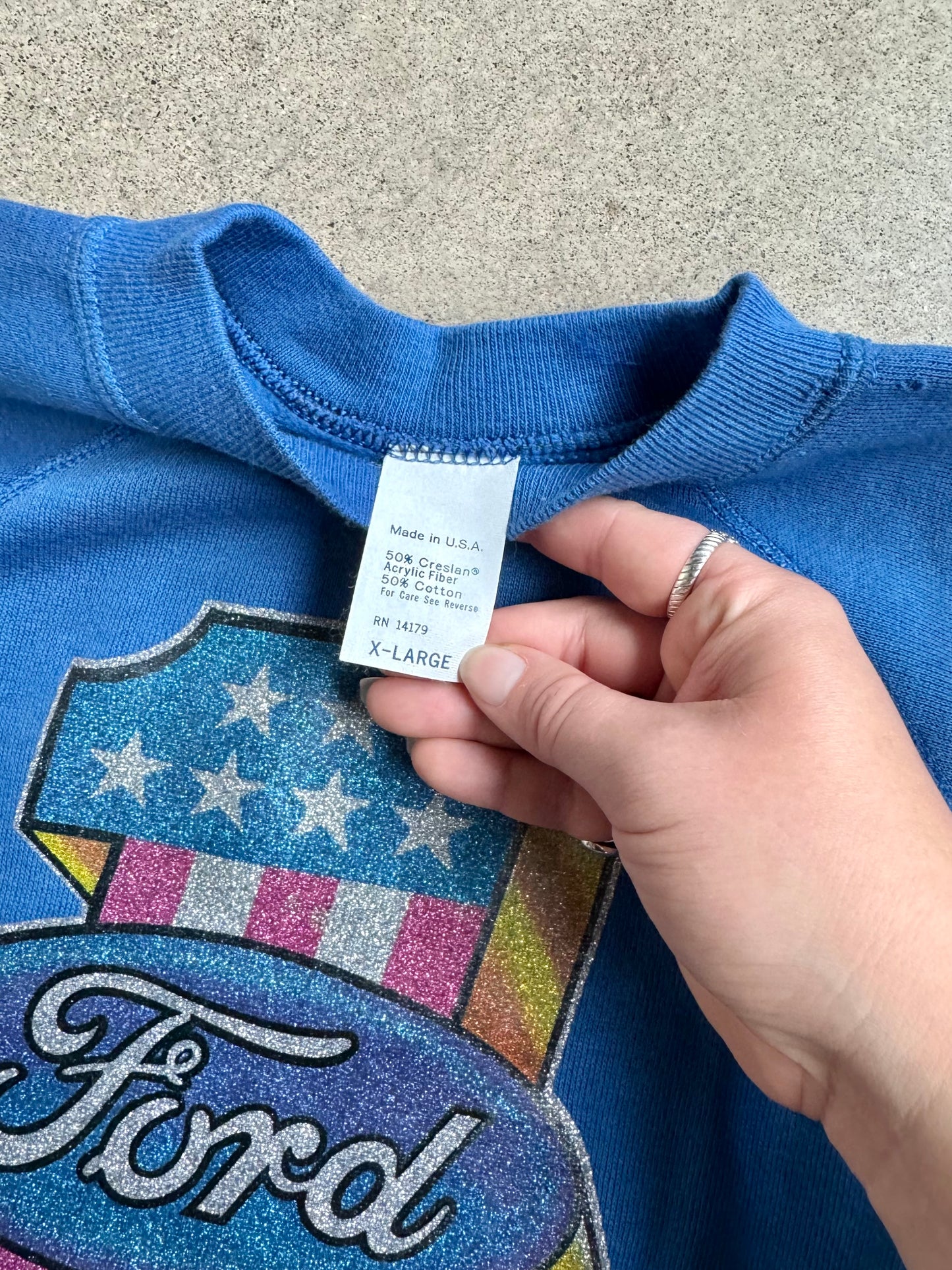 Vintage 1978 Ford Glitter Graphic Blue Short Sleeve Sweatshirt | XL