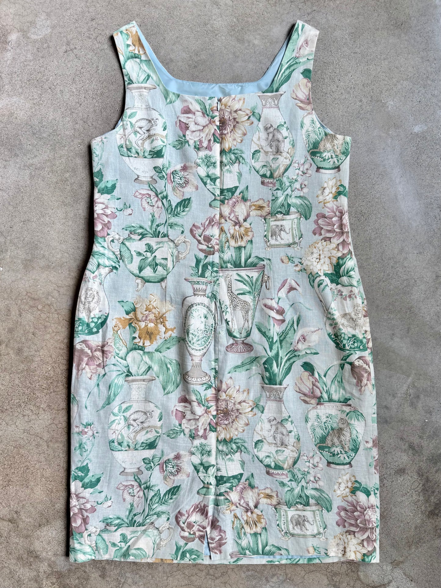 Vintage 1990s Virgo Beaded Chinoiserie-Style Botanical & Safari Animal Print Sheath Dress | XL