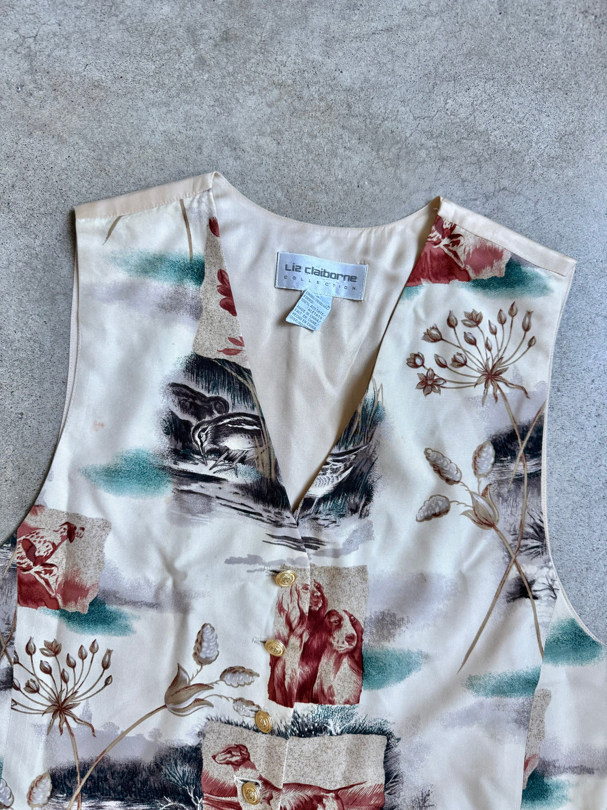 Vintage 1990s Liz Claiborne Hunting Dogs Silk Waistcoat Vest | Large