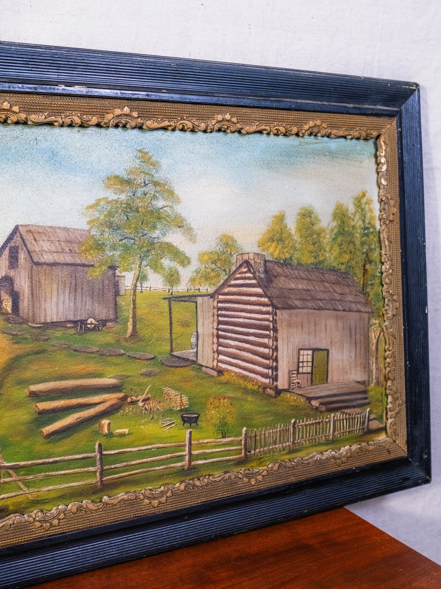 Vintage 1940s Framed Rustic Folk Art Farm Landscape Oil on Board Painting