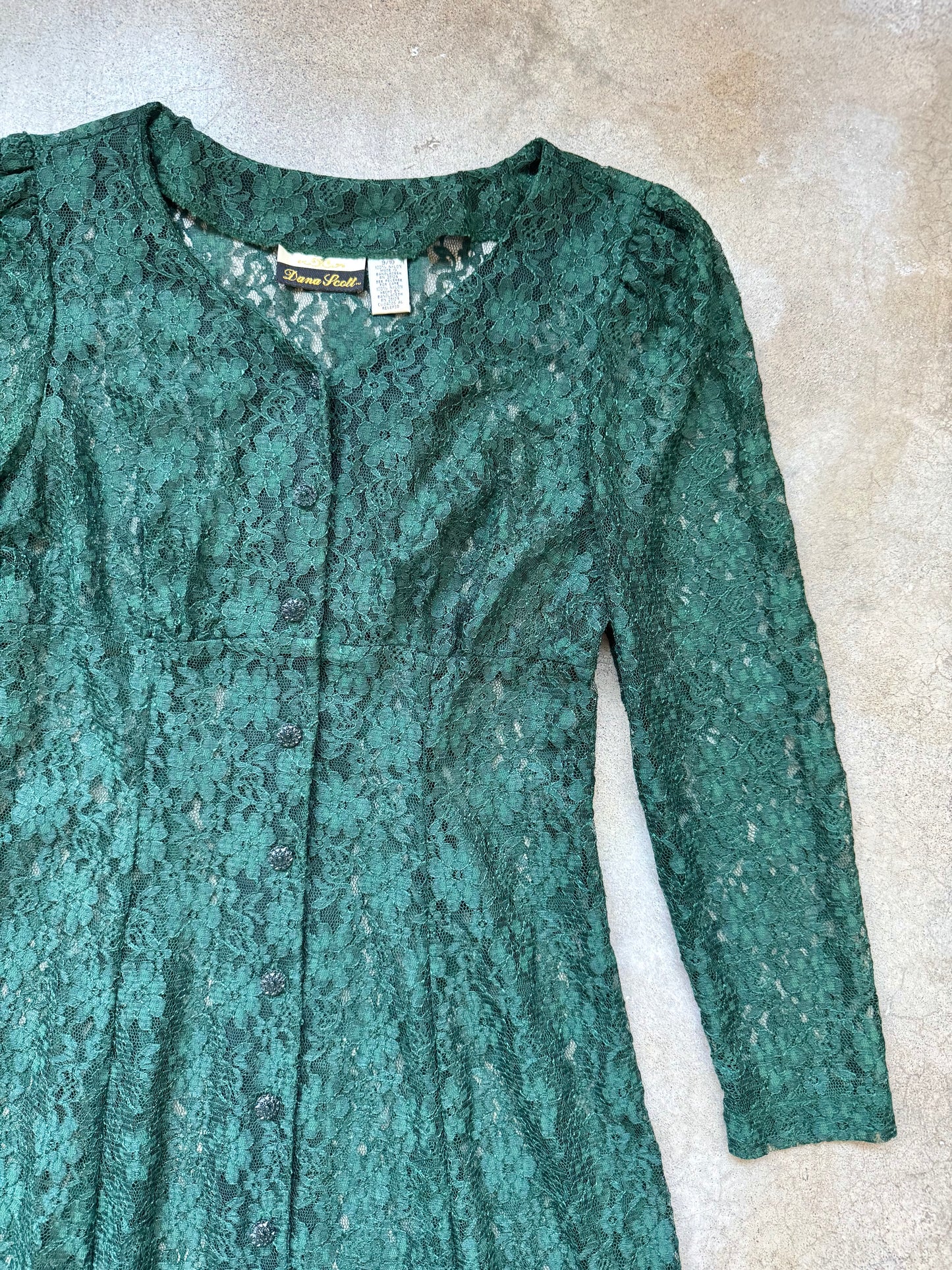 Vintage 1980s Dana Scott Green Floral Lace Button-Front Long Sleeve Maxi Dress | Medium