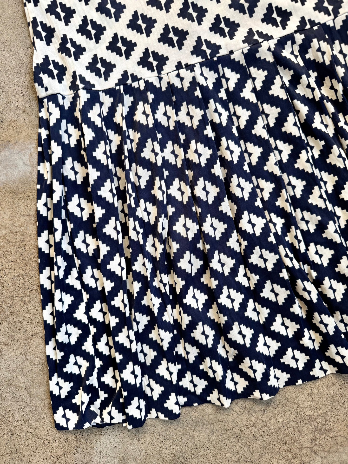 Vintage 1960s Andrea Gayle Blue & White Geometric Pattern Drop Waist Dress | S/M