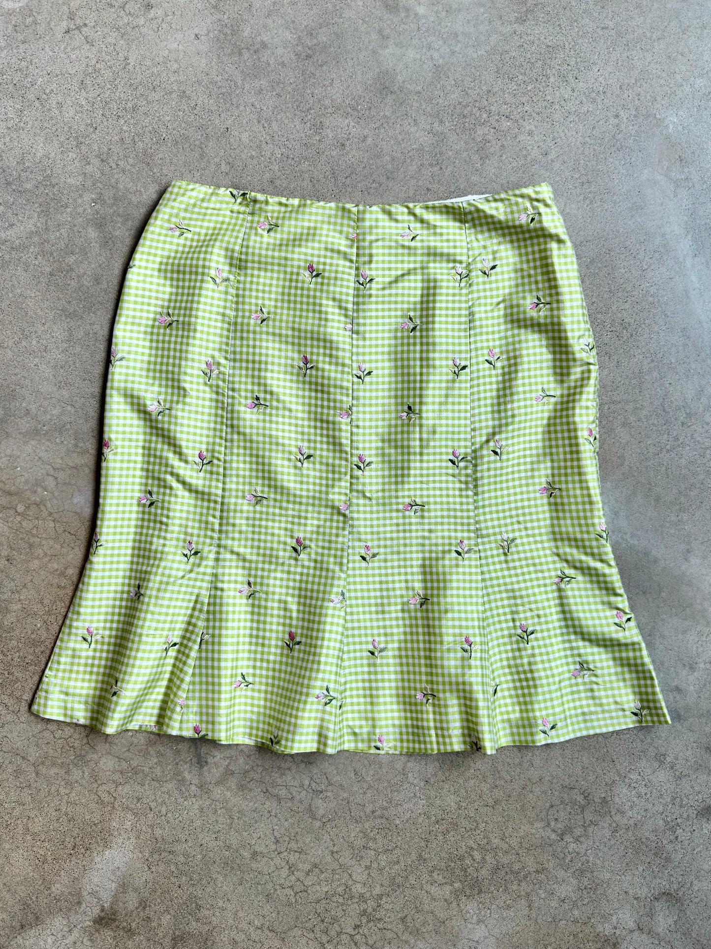 Vintage 1990s ABR New York Green Gingham Floral Embroidered Silk Skirt Suit | M/L
