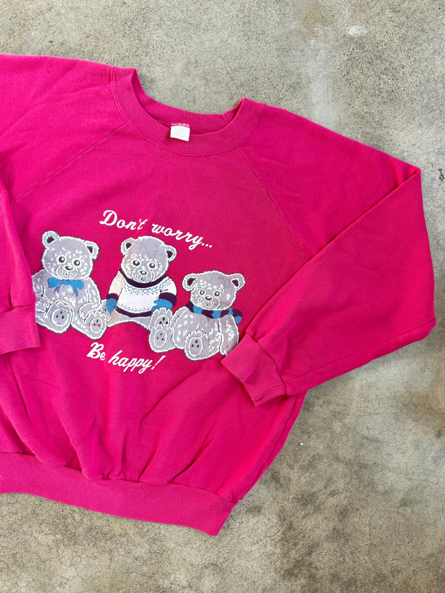 Vintage 1980s "Don't Worry, Be Happy!" Teddy Bear Raglan Sweatshirt | Medium