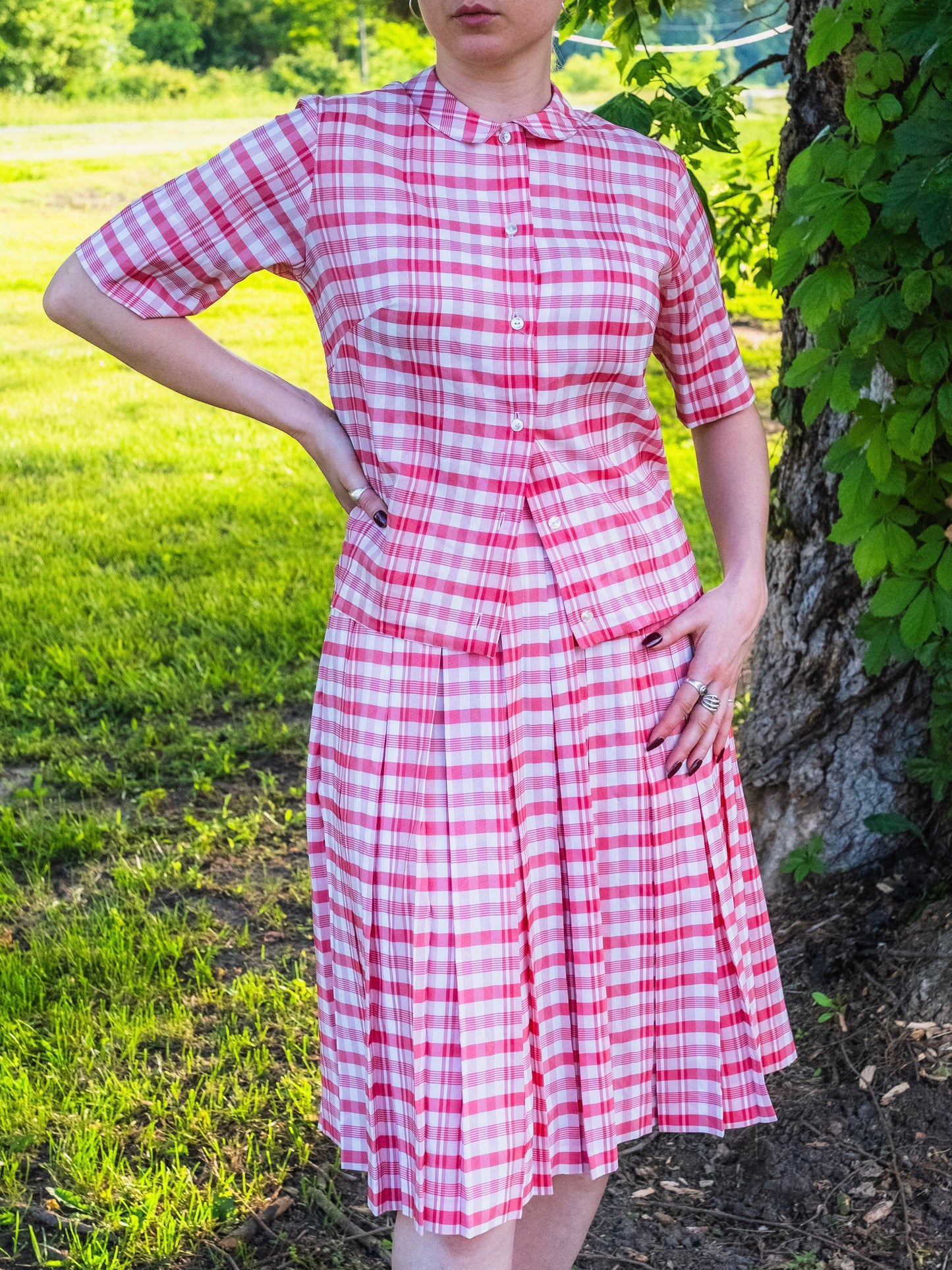 Vintage 1950s Majestic Red & White Plaid Two-Piece Skirt Set | XS