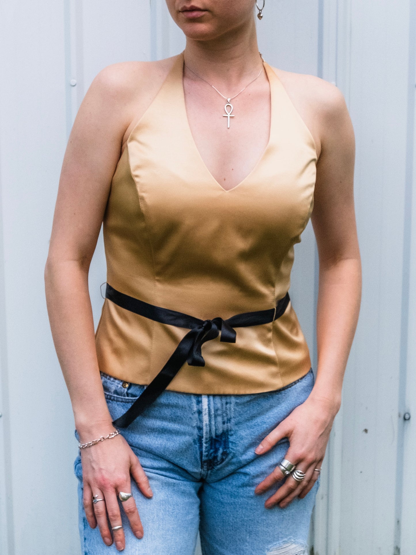 Vintage 1990s Xscape by Joanna Chen Gold Satin Halter Top | Small