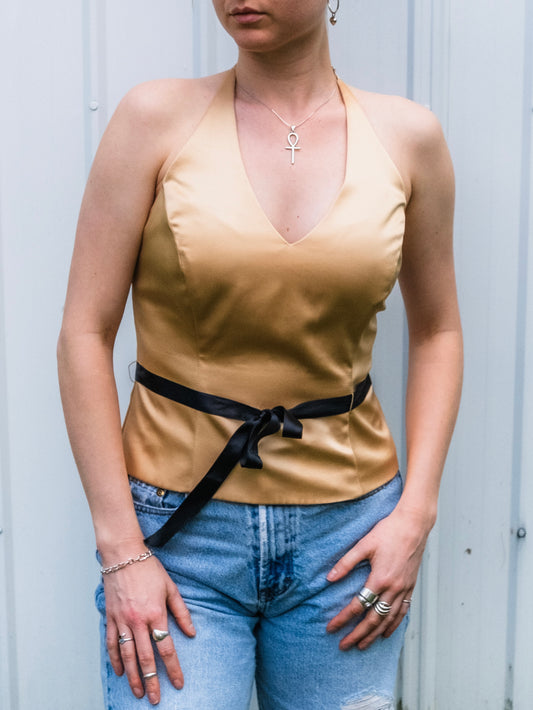 Vintage 1990s Xscape by Joanna Chen Gold Satin Halter Top | Small