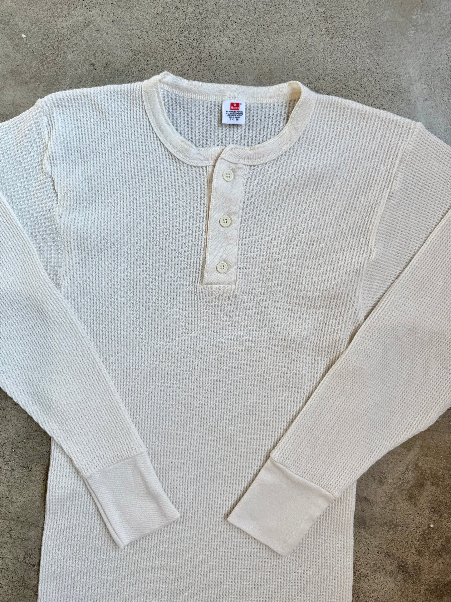 Vintage 1990s Hanes White Waffle Knit Henley Thermal | Large