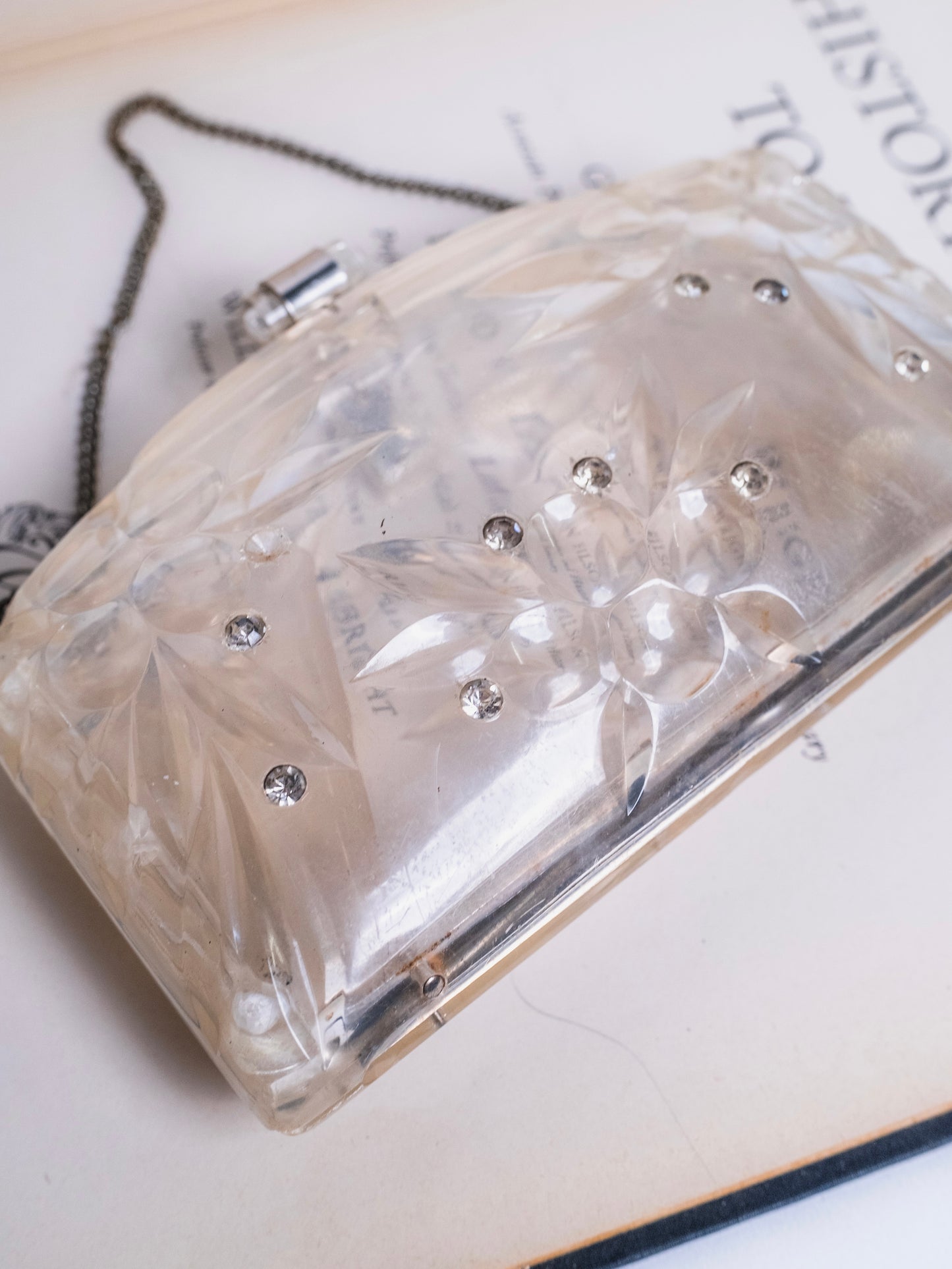 Vintage 1950s Clear Lucite Rhinestone Studded Clutch Purse