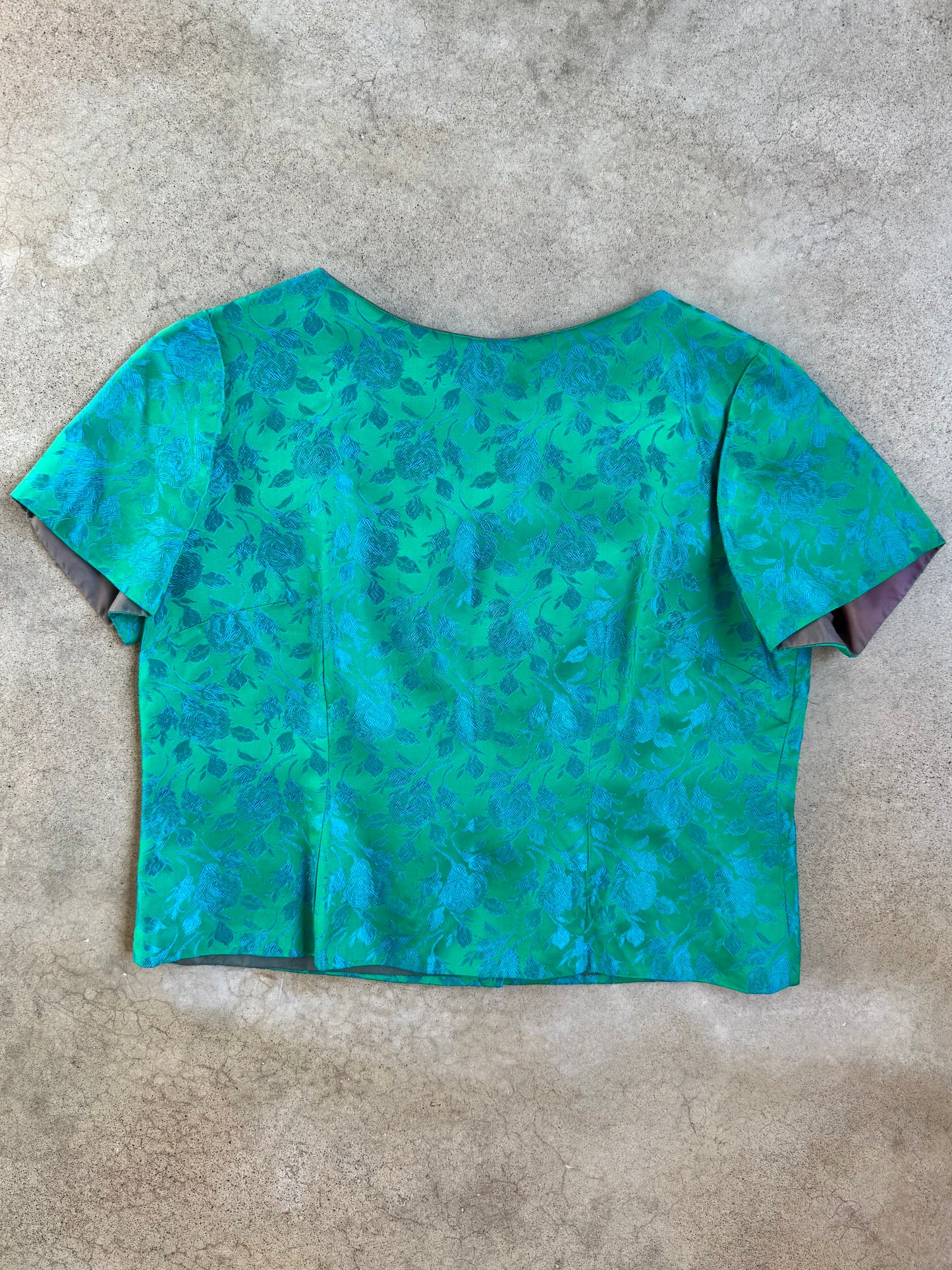 Vintage 1950s Handmade Green & Blue Floral Satin Brocade Button-Back Blouse | Large
