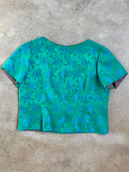 Vintage 1950s Handmade Green & Blue Floral Satin Brocade Button-Back Blouse | Large