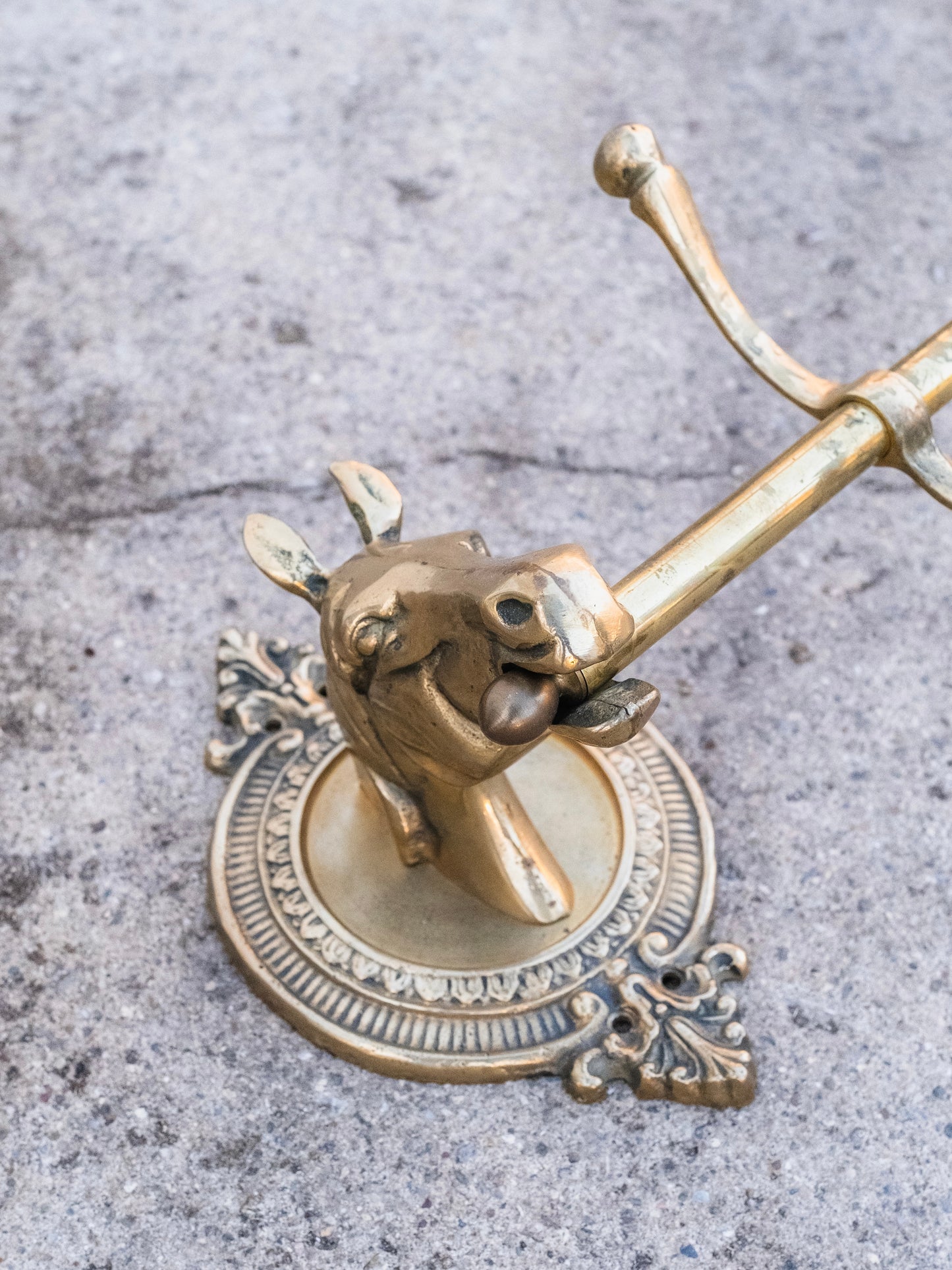 Vintage 1950s Solid Brass Horse Head Five Prong Wall-Mounted Coat Rack