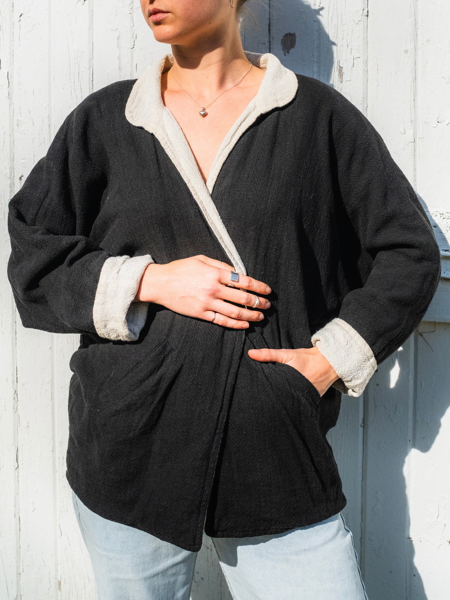 Vintage 1980s Sangam Imports Reversible Cream & Black Cotton Jacket | M/L